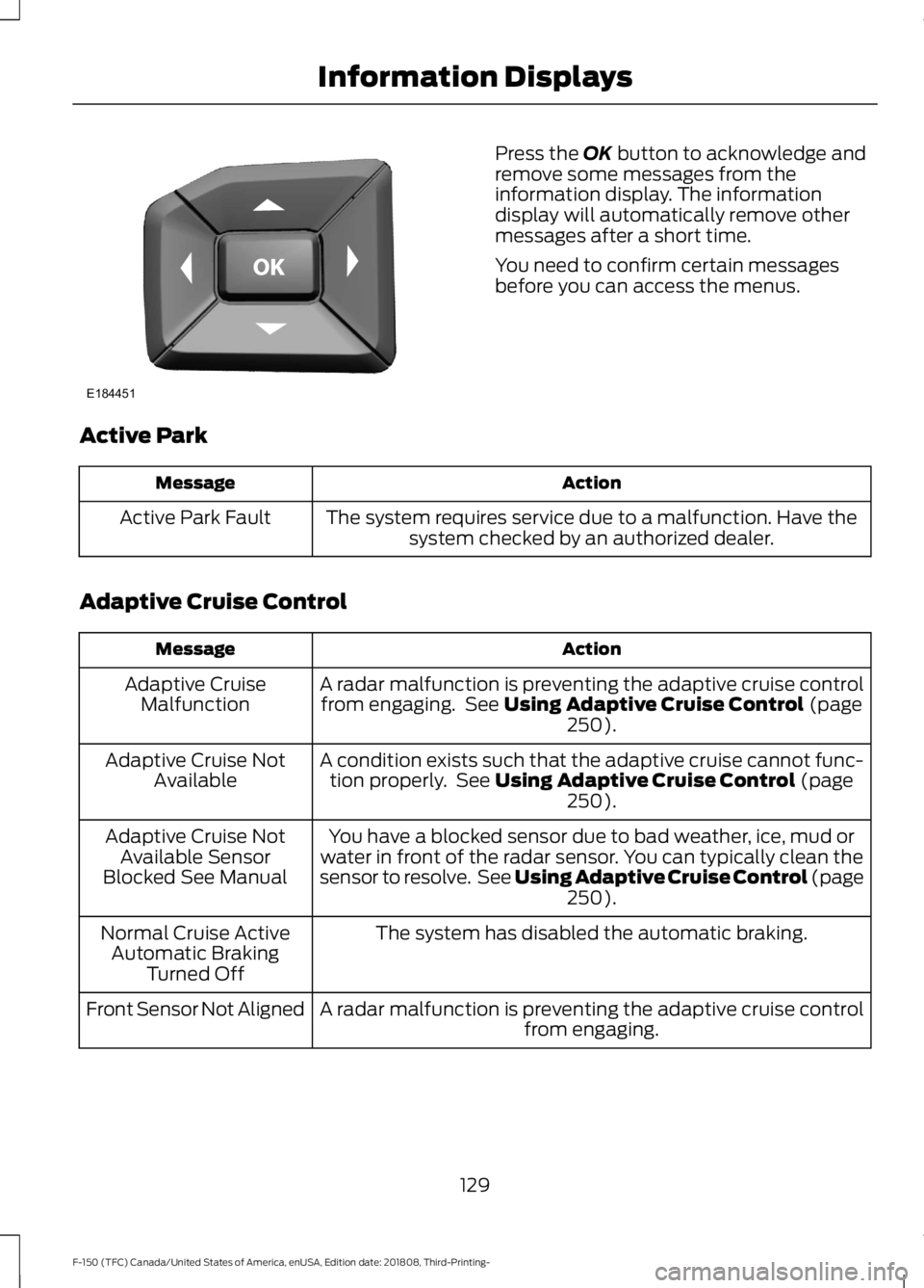 FORD F-150 2019 User Guide Press the OK button to acknowledge and
remove some messages from the
information display. The information
display will automatically remove other
messages after a short time.
You need to confirm certa FORD F-150 2019 User Guide Press the OK button to acknowledge and
remove some messages from the
information display. The information
display will automatically remove other
messages after a short time.
You need to confirm certa