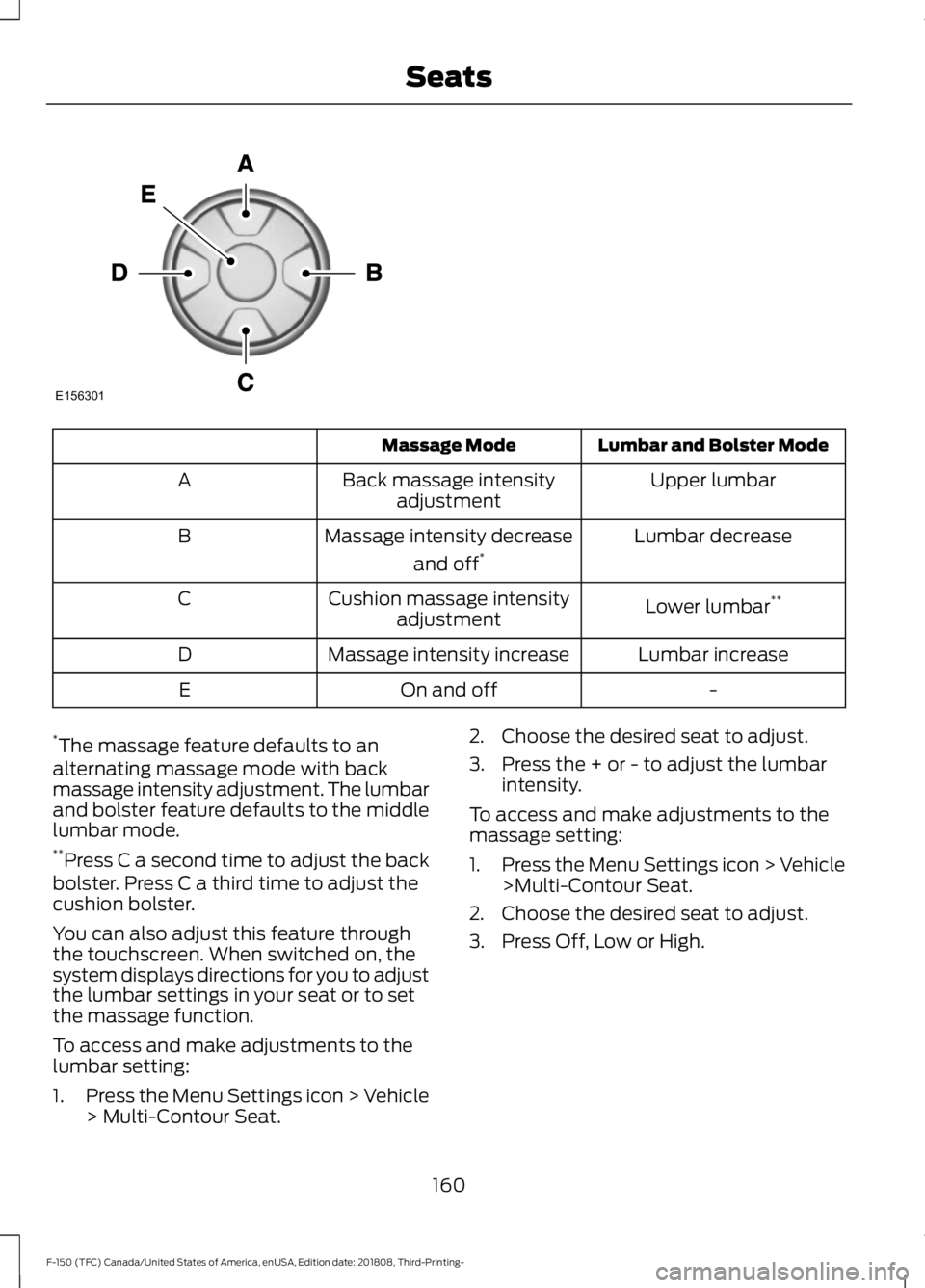 FORD F-150 2019 Owners Manual Lumbar and Bolster Mode
Massage Mode
Upper lumbar
Back massage intensity
adjustment
A
Lumbar decrease
Massage intensity decrease
and off*
B
Lower lumbar**
Cushion massage intensity
adjustment
C
Lumbar FORD F-150 2019 Owners Manual Lumbar and Bolster Mode
Massage Mode
Upper lumbar
Back massage intensity
adjustment
A
Lumbar decrease
Massage intensity decrease
and off*
B
Lower lumbar**
Cushion massage intensity
adjustment
C
Lumbar
