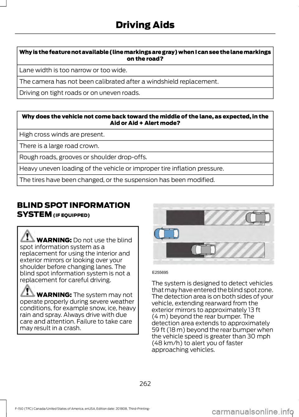 FORD F-150 2019  Owners Manual Why is the feature not available (line markings are gray) when I can see the lane markings
on the road?
Lane width is too narrow or too wide.
The camera has not been calibrated after a windshield repl