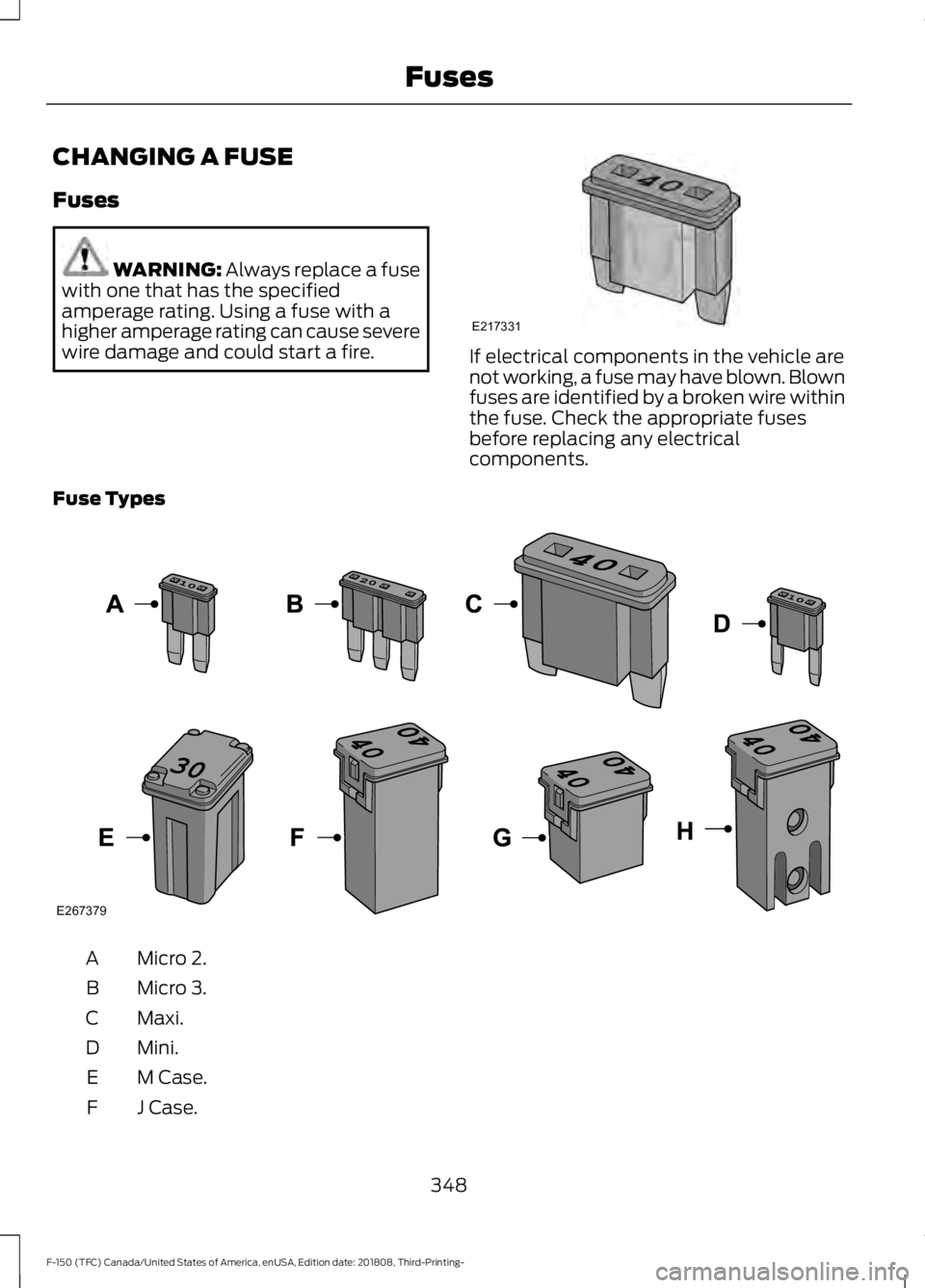 FORD F-150 2019  Owners Manual CHANGING A FUSE
Fuses
WARNING: Always replace a fuse
with one that has the specified
amperage rating. Using a fuse with a
higher amperage rating can cause severe
wire damage and could start a fire. If