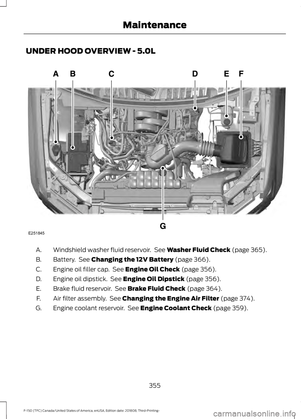 FORD F-150 2019 Owners Manual UNDER HOOD OVERVIEW - 5.0L
Windshield washer fluid reservoir. See Washer Fluid Check (page 365).
A.
Battery. See
Changing the 12V Battery (page 366).
B.
Engine oil filler cap. See
Engine Oil Chec FORD F-150 2019 Owners Manual UNDER HOOD OVERVIEW - 5.0L
Windshield washer fluid reservoir. See Washer Fluid Check (page 365).
A.
Battery. See
Changing the 12V Battery (page 366).
B.
Engine oil filler cap. See
Engine Oil Chec