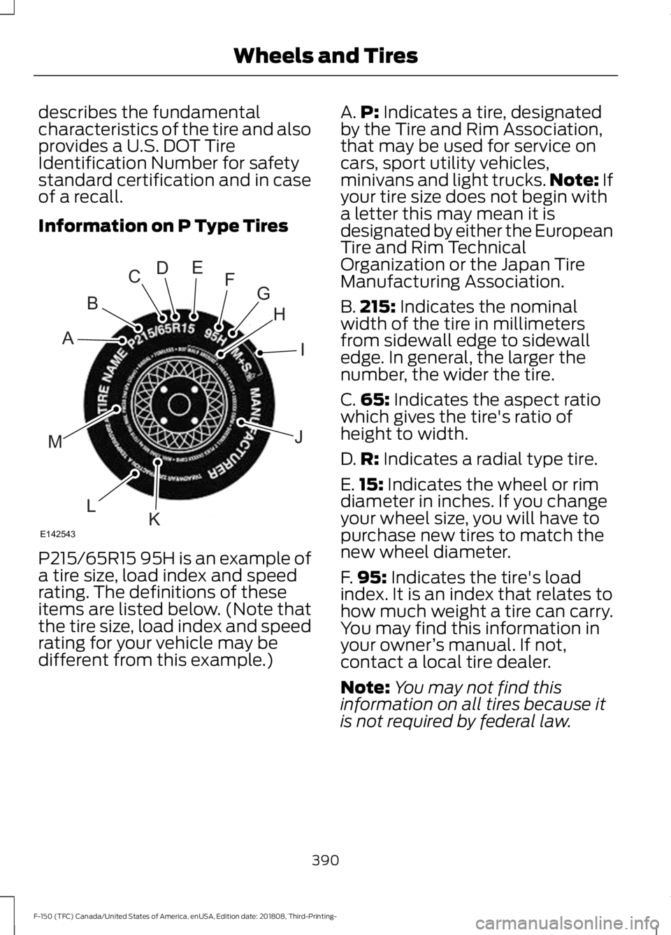 FORD F-150 2019 Owners Manual describes the fundamental
characteristics of the tire and also
provides a U.S. DOT Tire
Identification Number for safety
standard certification and in case
of a recall.
Information on P Type Tires
P21 FORD F-150 2019 Owners Manual describes the fundamental
characteristics of the tire and also
provides a U.S. DOT Tire
Identification Number for safety
standard certification and in case
of a recall.
Information on P Type Tires
P21