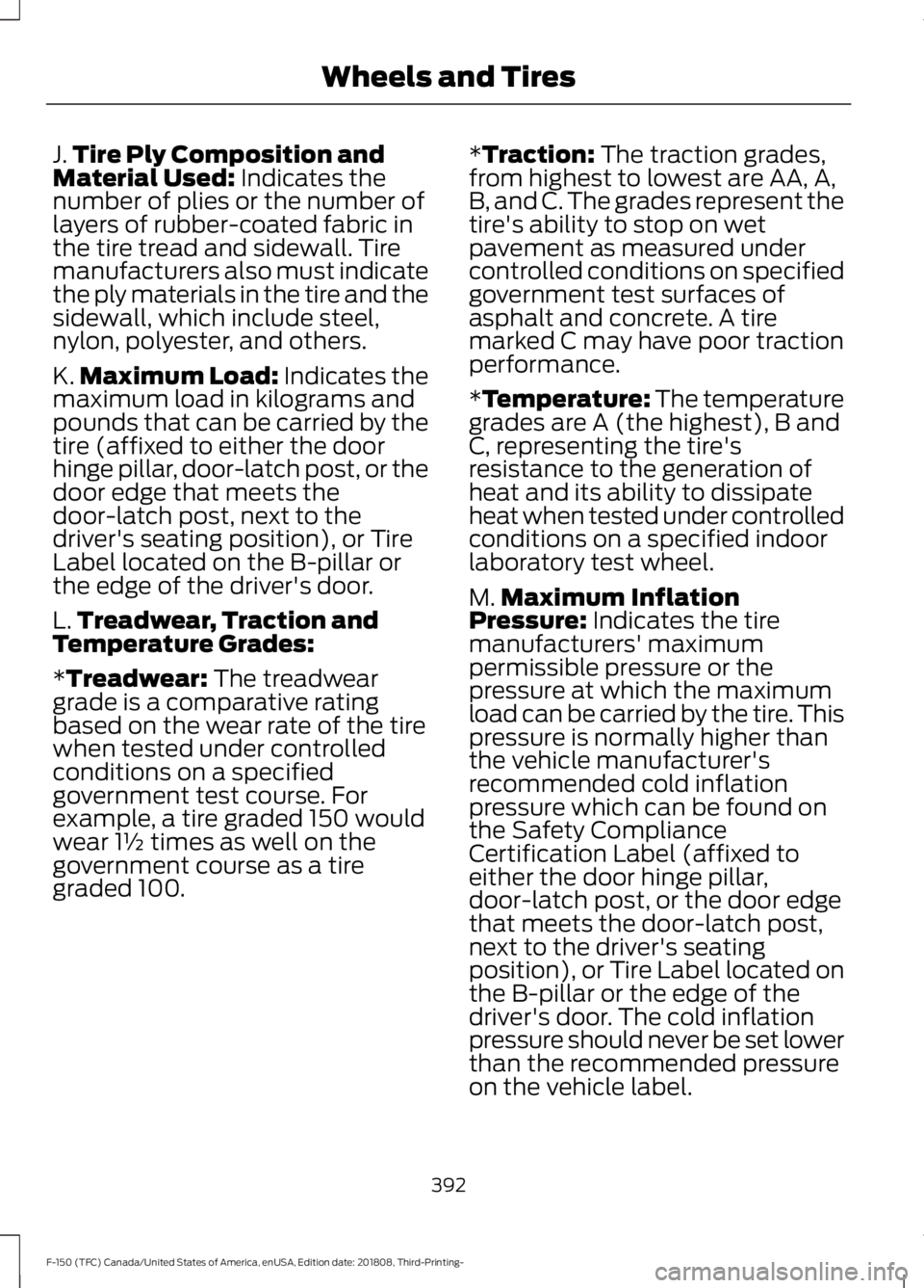 FORD F-150 2019  Owners Manual J.
Tire Ply Composition and
Material Used: Indicates the
number of plies or the number of
layers of rubber-coated fabric in
the tire tread and sidewall. Tire
manufacturers also must indicate
the ply m