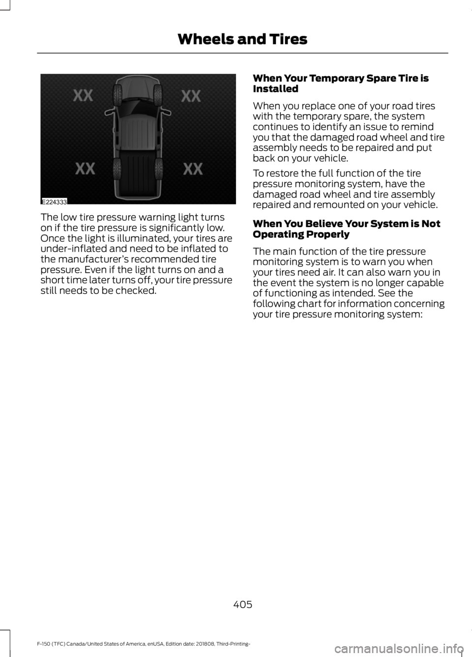 FORD F-150 2019  Owners Manual The low tire pressure warning light turns
on if the tire pressure is significantly low.
Once the light is illuminated, your tires are
under-inflated and need to be inflated to
the manufacturer
’s re