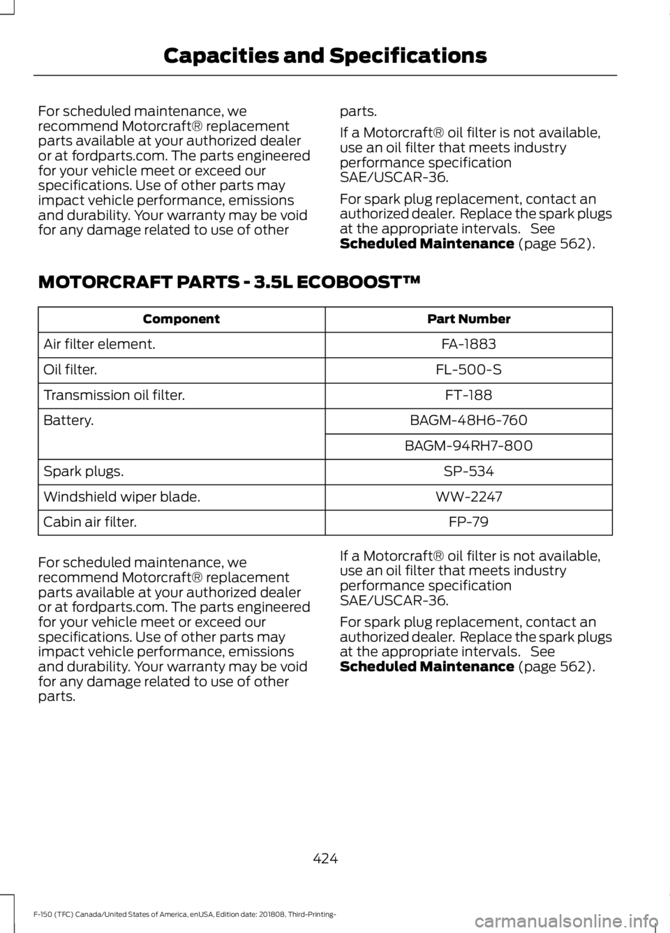 FORD F-150 2019 Owners Manual For scheduled maintenance, we
recommend Motorcraft® replacement
parts available at your authorized dealer
or at fordparts.com. The parts engineered
for your vehicle meet or exceed our
specifications. FORD F-150 2019 Owners Manual For scheduled maintenance, we
recommend Motorcraft® replacement
parts available at your authorized dealer
or at fordparts.com. The parts engineered
for your vehicle meet or exceed our
specifications.
