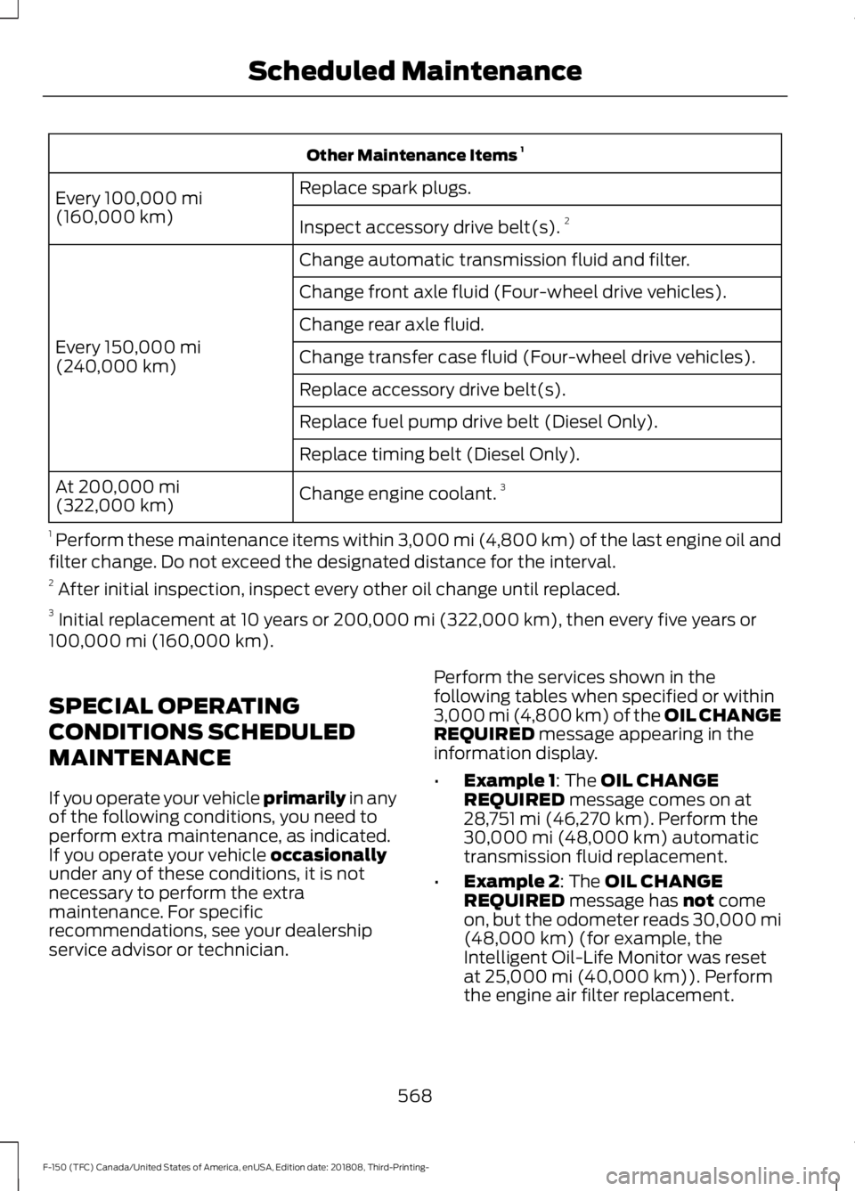 FORD F-150 2019 Owners Manual Other Maintenance Items
1
Replace spark plugs.
Every 100,000 mi
(160,000 km) Inspect accessory drive belt(s). 2
Change automatic transmission fluid and filter.
Every
150,000 mi
(240,000 km) Change f FORD F-150 2019 Owners Manual Other Maintenance Items
1
Replace spark plugs.
Every 100,000 mi
(160,000 km) Inspect accessory drive belt(s). 2
Change automatic transmission fluid and filter.
Every
150,000 mi
(240,000 km) Change f