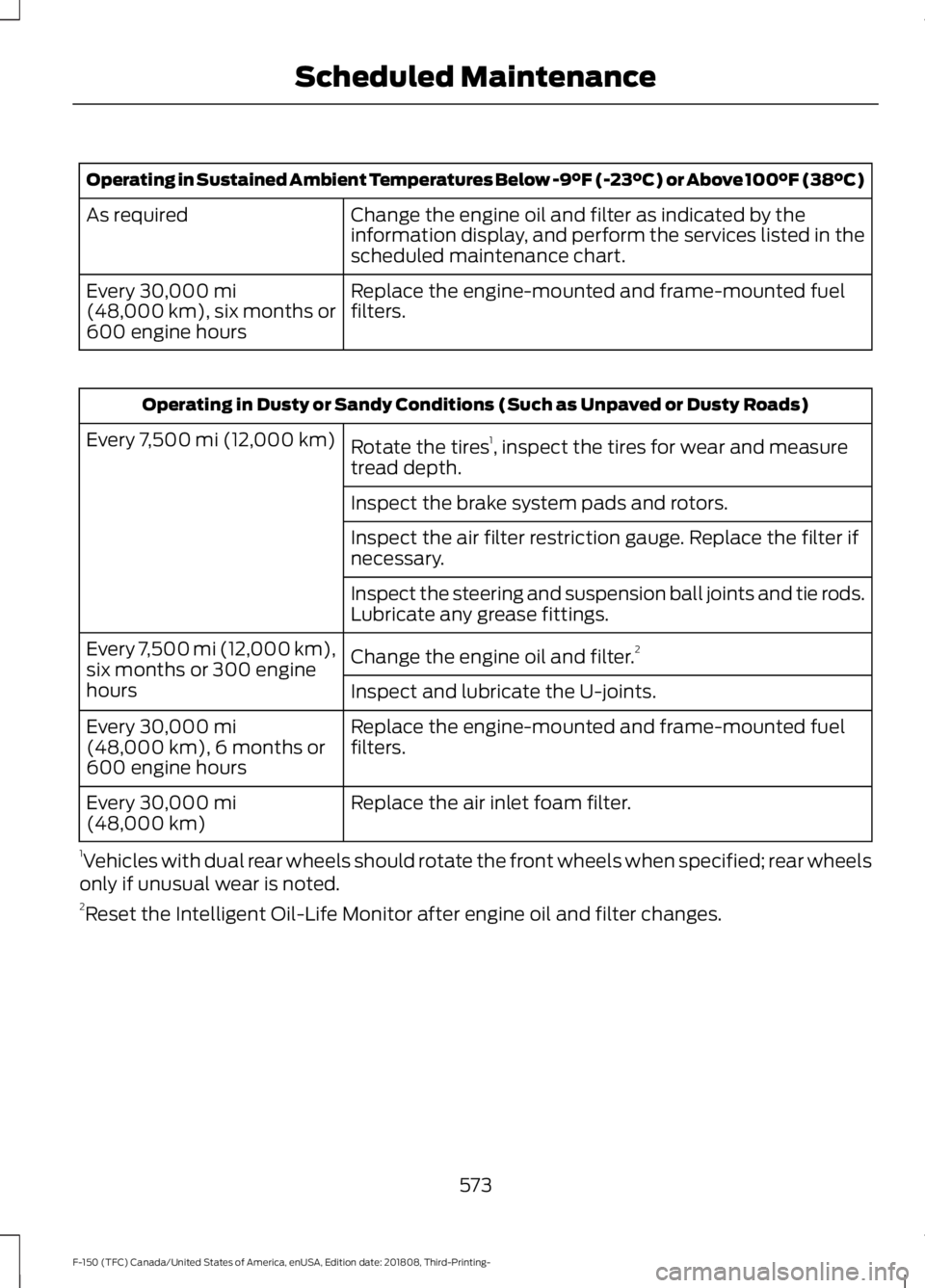 FORD F-150 2019 Manual Online Operating in Sustained Ambient Temperatures Below -9°F (-23°C) or Above 100°F (38°C)
Change the engine oil and filter as indicated by the
information display, and perform the services listed in th FORD F-150 2019 Manual Online Operating in Sustained Ambient Temperatures Below -9°F (-23°C) or Above 100°F (38°C)
Change the engine oil and filter as indicated by the
information display, and perform the services listed in th