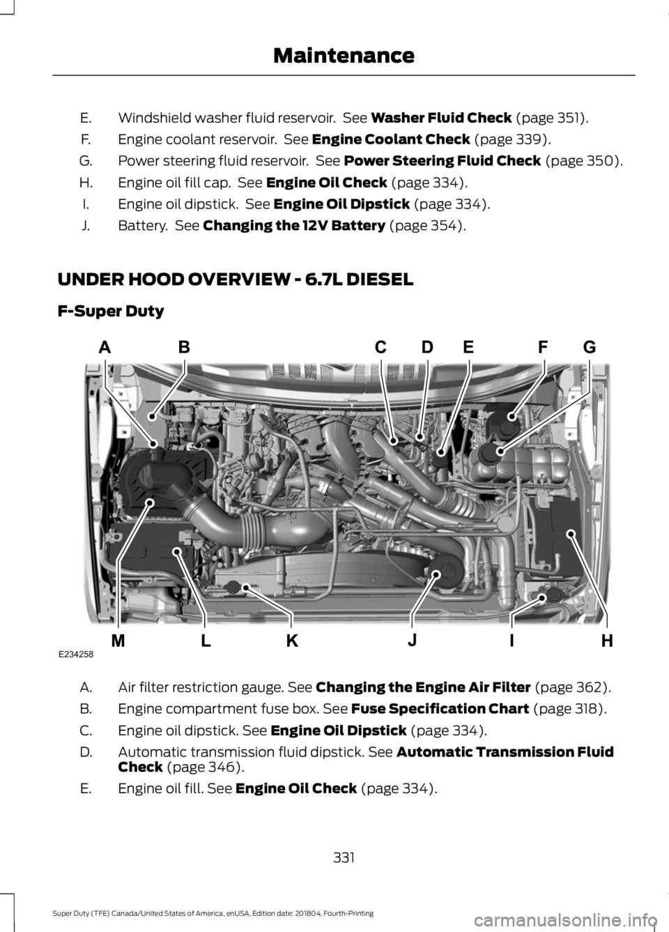 FORD F-250 2019 Owners Manual Windshield washer fluid reservoir. See Washer Fluid Check (page 351).
E.
Engine coolant reservoir. See
Engine Coolant Check (page 339).
F.
Power steering fluid reservoir. See
Power Steering Fluid FORD F-250 2019 Owners Manual Windshield washer fluid reservoir. See Washer Fluid Check (page 351).
E.
Engine coolant reservoir. See
Engine Coolant Check (page 339).
F.
Power steering fluid reservoir. See
Power Steering Fluid