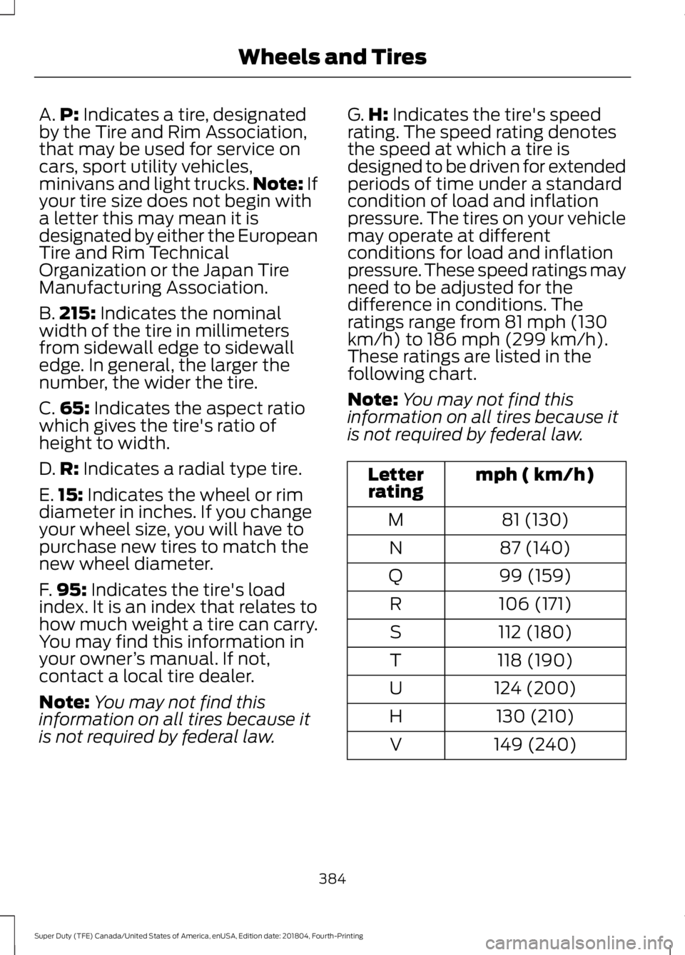 FORD F-250 2019 Owners Manual A.
P: Indicates a tire, designated
by the Tire and Rim Association,
that may be used for service on
cars, sport utility vehicles,
minivans and light trucks. Note:
If
your tire size does not begin wit FORD F-250 2019 Owners Manual A.
P: Indicates a tire, designated
by the Tire and Rim Association,
that may be used for service on
cars, sport utility vehicles,
minivans and light trucks. Note:
If
your tire size does not begin wit