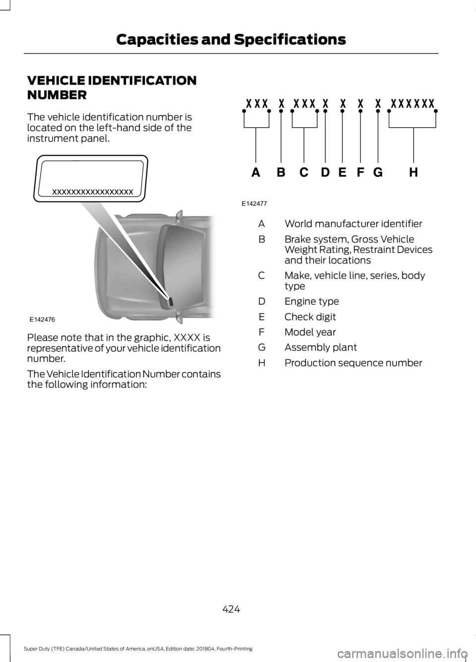 FORD F-250 2019 Owners Manual VEHICLE IDENTIFICATION
NUMBER
The vehicle identification number is
located on the left-hand side of the
instrument panel.
Please note that in the graphic, XXXX is
representative of your vehicle identi FORD F-250 2019 Owners Manual VEHICLE IDENTIFICATION
NUMBER
The vehicle identification number is
located on the left-hand side of the
instrument panel.
Please note that in the graphic, XXXX is
representative of your vehicle identi