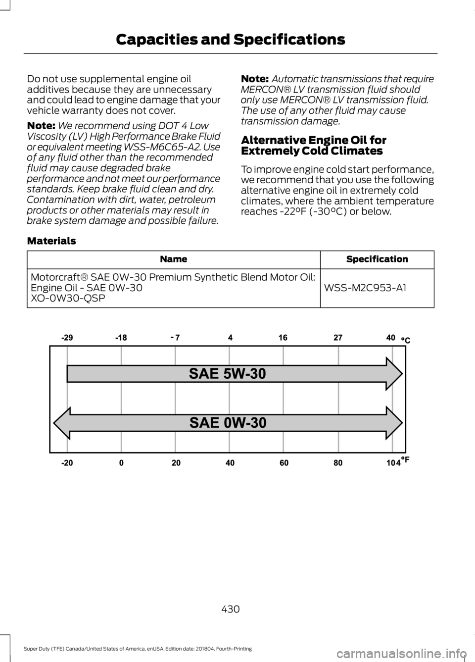 FORD F-250 2019  Owners Manual Do not use supplemental engine oil
additives because they are unnecessary
and could lead to engine damage that your
vehicle warranty does not cover.
Note:
We recommend using DOT 4 Low
Viscosity (LV) H