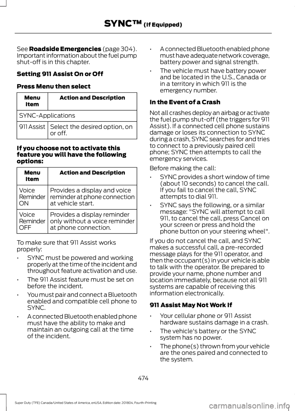 FORD F-250 2019 Owners Manual See Roadside Emergencies (page 304).
Important information about the fuel pump
shut-off is in this chapter.
Setting 911 Assist On or Off
Press Menu then select Action and Description
Menu
Item
SYNC-Ap FORD F-250 2019 Owners Manual See Roadside Emergencies (page 304).
Important information about the fuel pump
shut-off is in this chapter.
Setting 911 Assist On or Off
Press Menu then select Action and Description
Menu
Item
SYNC-Ap