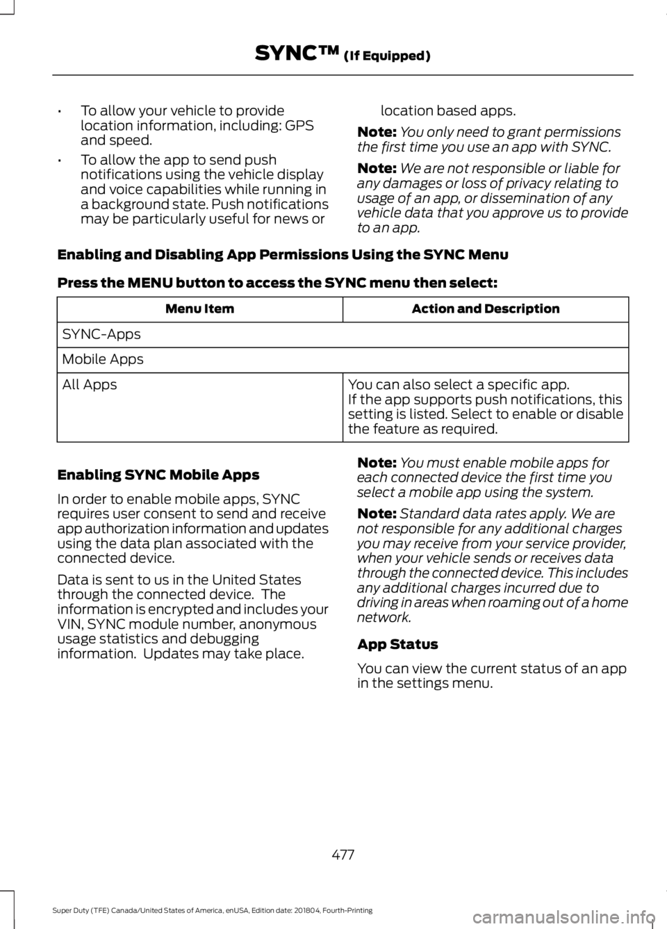 FORD F-250 2019 Owners Manual •
To allow your vehicle to provide
location information, including: GPS
and speed.
• To allow the app to send push
notifications using the vehicle display
and voice capabilities while running in
a FORD F-250 2019 Owners Manual •
To allow your vehicle to provide
location information, including: GPS
and speed.
• To allow the app to send push
notifications using the vehicle display
and voice capabilities while running in
a