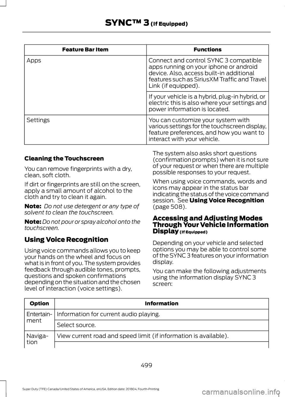 FORD F-250 2019 Owners Manual Functions
Feature Bar Item
Connect and control SYNC 3 compatible
apps running on your iphone or android
device. Also, access built-in additional
features such as SiriusXM Traffic and Travel
Link (if e FORD F-250 2019 Owners Manual Functions
Feature Bar Item
Connect and control SYNC 3 compatible
apps running on your iphone or android
device. Also, access built-in additional
features such as SiriusXM Traffic and Travel
Link (if e