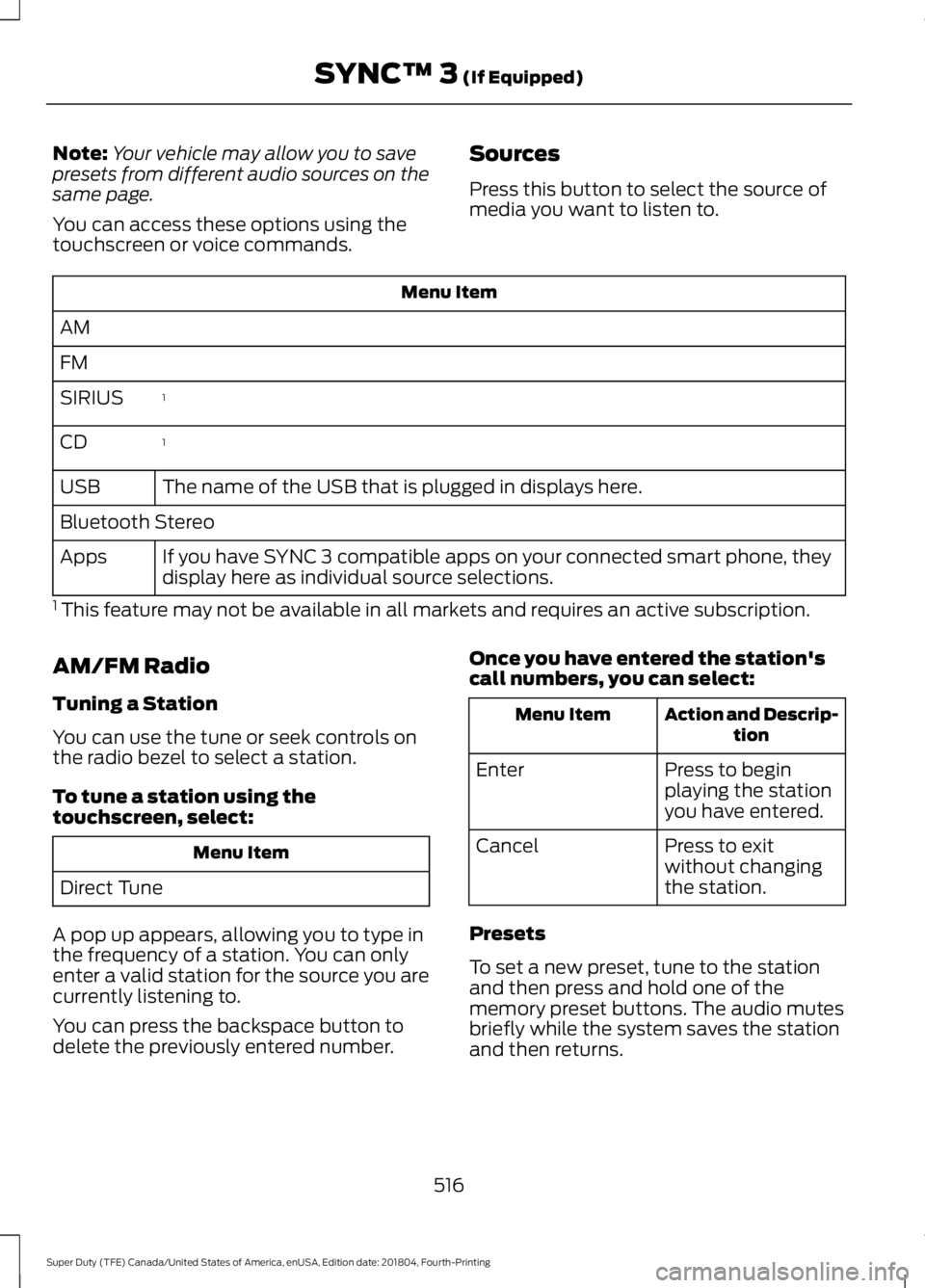 FORD F-250 2019 Owners Manual Note:
Your vehicle may allow you to save
presets from different audio sources on the
same page.
You can access these options using the
touchscreen or voice commands. Sources
Press this button to selec FORD F-250 2019 Owners Manual Note:
Your vehicle may allow you to save
presets from different audio sources on the
same page.
You can access these options using the
touchscreen or voice commands. Sources
Press this button to selec