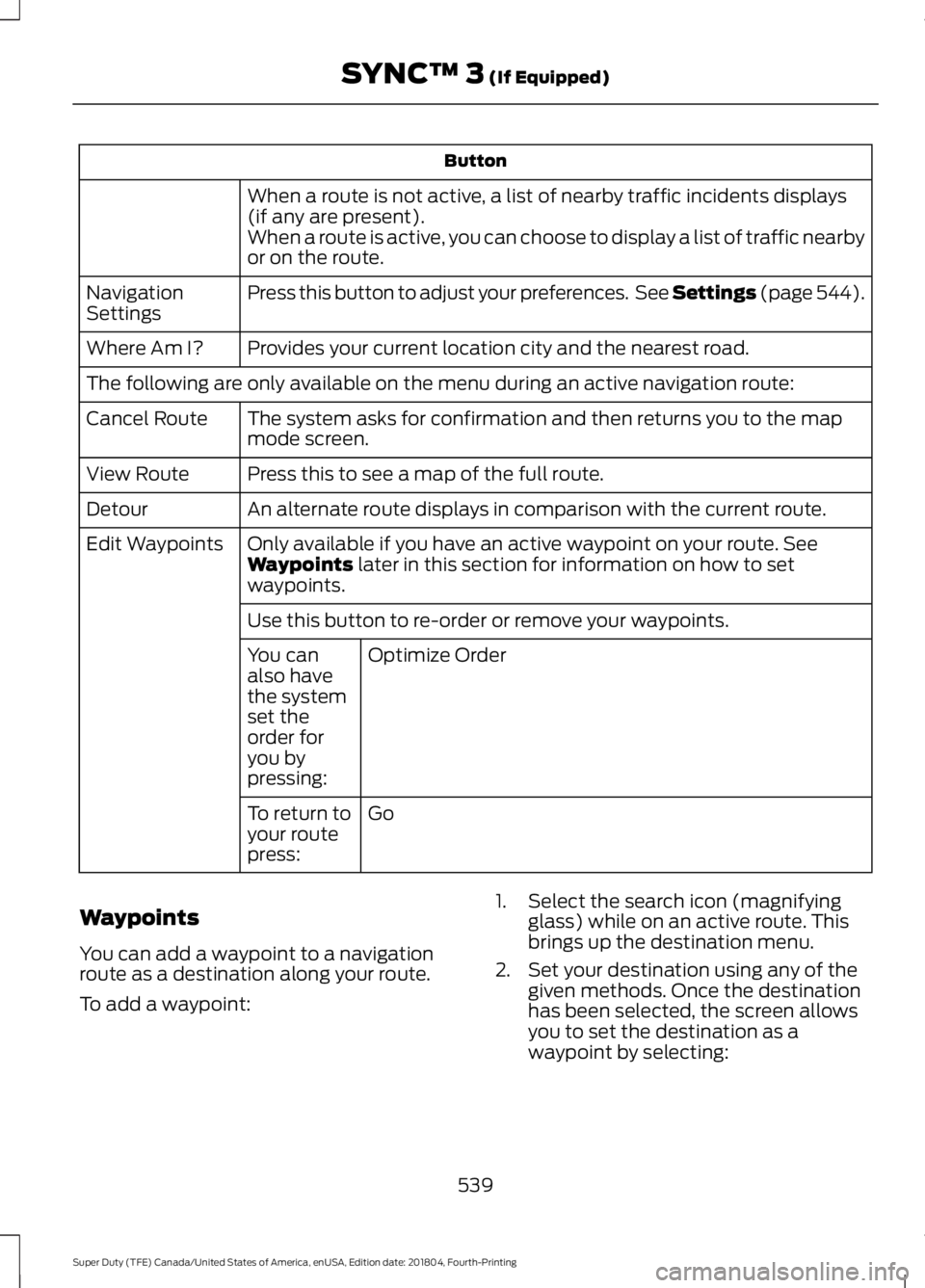 FORD F-250 2019 Owners Manual Button
When a route is not active, a list of nearby traffic incidents displays
(if any are present).
When a route is active, you can choose to display a list of traffic nearby
or on the route.
Press t FORD F-250 2019 Owners Manual Button
When a route is not active, a list of nearby traffic incidents displays
(if any are present).
When a route is active, you can choose to display a list of traffic nearby
or on the route.
Press t