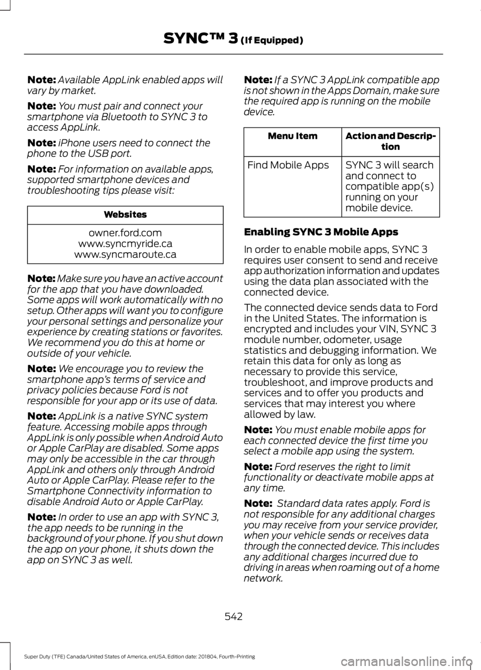 FORD F-250 2019 Owners Manual Note:
Available AppLink enabled apps will
vary by market.
Note: You must pair and connect your
smartphone via Bluetooth to SYNC 3 to
access AppLink.
Note: iPhone users need to connect the
phone to the FORD F-250 2019 Owners Manual Note:
Available AppLink enabled apps will
vary by market.
Note: You must pair and connect your
smartphone via Bluetooth to SYNC 3 to
access AppLink.
Note: iPhone users need to connect the
phone to the