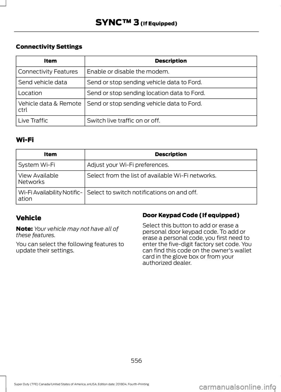 FORD F-250 2019 Owners Manual Connectivity Settings
Description
Item
Enable or disable the modem.
Connectivity Features
Send or stop sending vehicle data to Ford.
Send vehicle data
Send or stop sending location data to Ford.
Locat FORD F-250 2019 Owners Manual Connectivity Settings
Description
Item
Enable or disable the modem.
Connectivity Features
Send or stop sending vehicle data to Ford.
Send vehicle data
Send or stop sending location data to Ford.
Locat