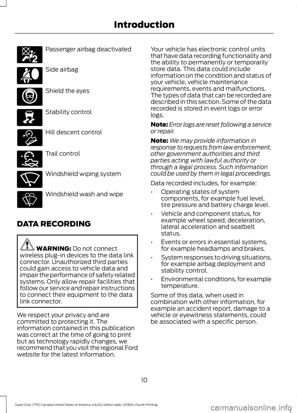 FORD F-350 2019  Owners Manual Passenger airbag deactivated
Side airbag
Shield the eyes
Stability control
Hill descent control
Trail control
Windshield wiping system
Windshield wash and wipe
DATA RECORDING WARNING: Do not connect
w