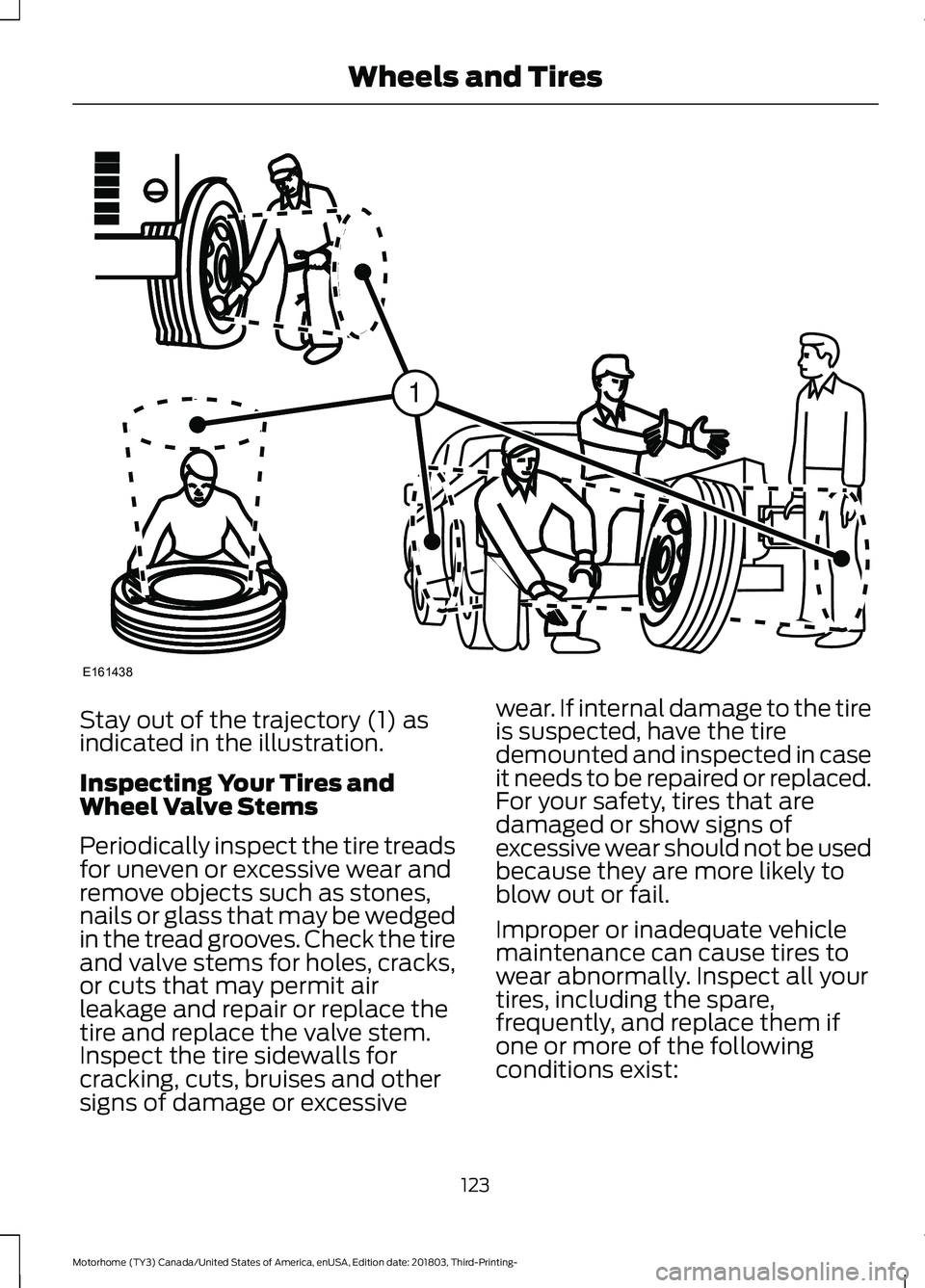 FORD F-53 2019 Owners Manual Stay out of the trajectory (1) asindicated in the illustration.
Inspecting Your Tires andWheel Valve Stems
Periodically inspect the tire treadsfor uneven or excessive wear andremove objects such as st FORD F-53 2019 Owners Manual Stay out of the trajectory (1) asindicated in the illustration.
Inspecting Your Tires andWheel Valve Stems
Periodically inspect the tire treadsfor uneven or excessive wear andremove objects such as st