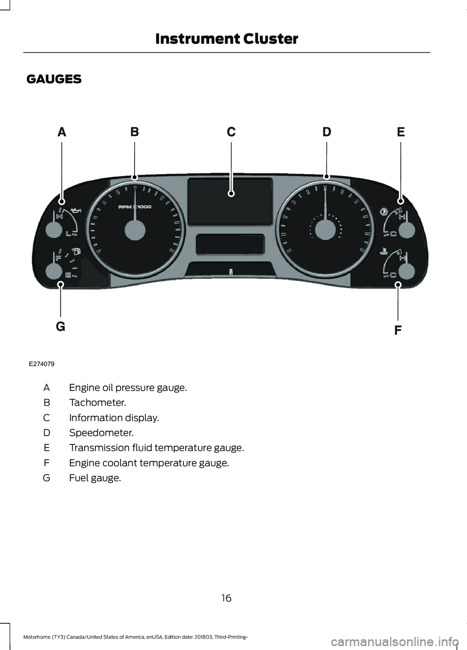 FORD F-53 2019 User Guide GAUGES
Engine oil pressure gauge.A
Tachometer.B
Information display.C
Speedometer.D
Transmission fluid temperature gauge.E
Engine coolant temperature gauge.F
Fuel gauge.G
16
Motorhome (TY3) Canada/Uni