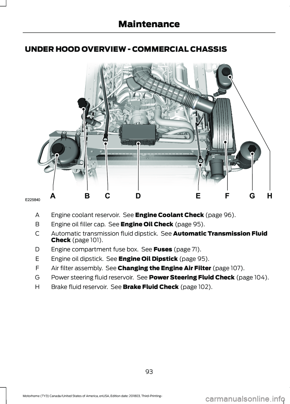 FORD F-53 2019 Owners Manual UNDER HOOD OVERVIEW - COMMERCIAL CHASSIS
Engine coolant reservoir. See Engine Coolant Check (page 96).A
Engine oil filler cap. See Engine Oil Check (page 95).B
Automatic transmission fluid dipstick. S