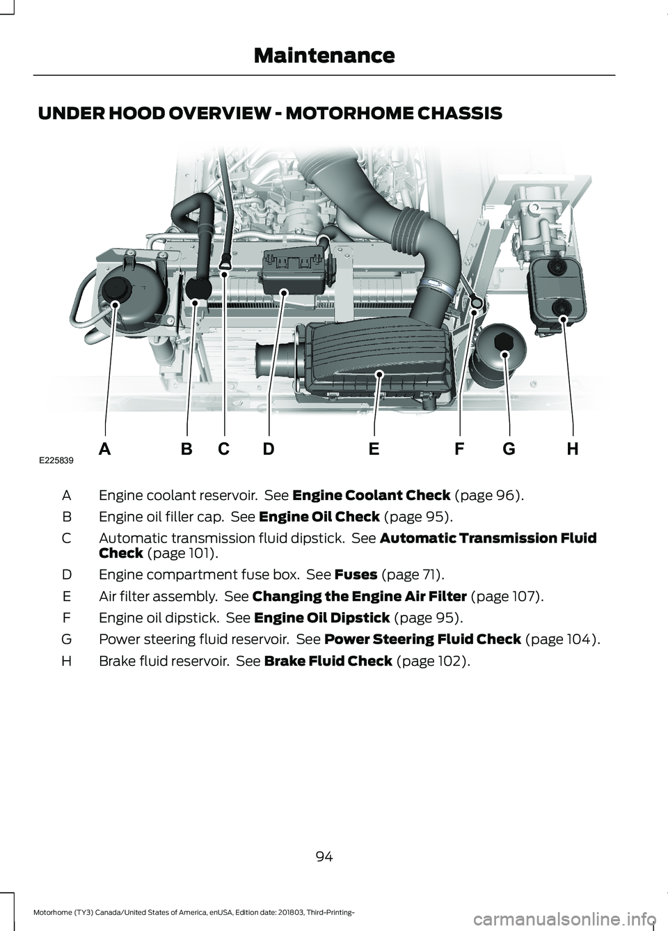 FORD F-53 2019 Owners Manual UNDER HOOD OVERVIEW - MOTORHOME CHASSIS
Engine coolant reservoir. See Engine Coolant Check (page 96).A
Engine oil filler cap. See Engine Oil Check (page 95).B
Automatic transmission fluid dipstick. Se