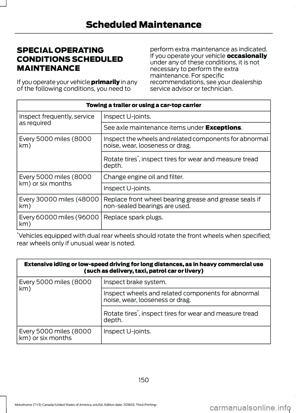 FORD F-59 2019  Owners Manual SPECIAL OPERATING
CONDITIONS SCHEDULED
MAINTENANCE
If you operate your vehicle primarily in anyof the following conditions, you need to
perform extra maintenance as indicated.If you operate your vehic
