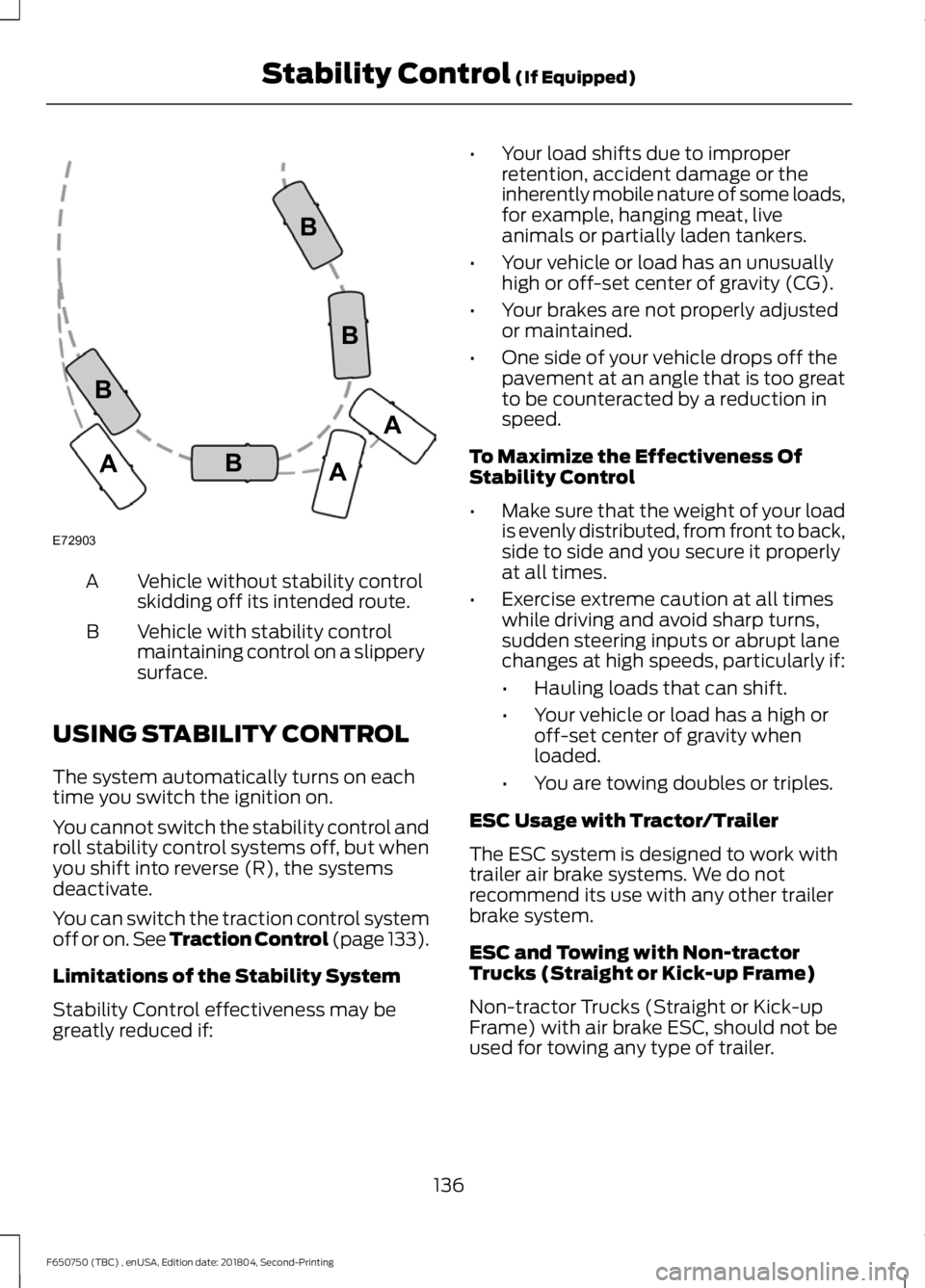 FORD F650/750 2019 Owners Manual Vehicle without stability control
skidding off its intended route.
A
Vehicle with stability control
maintaining control on a slippery
surface.
B
USING STABILITY CONTROL
The system automatically turns FORD F650/750 2019 Owners Manual Vehicle without stability control
skidding off its intended route.
A
Vehicle with stability control
maintaining control on a slippery
surface.
B
USING STABILITY CONTROL
The system automatically turns
