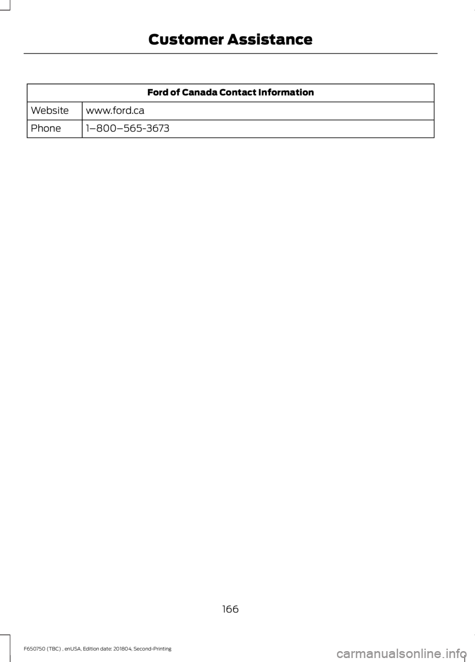 FORD F650/750 2019 Owners Manual Ford of Canada Contact Information
www.ford.ca
Website
1–800–565-3673
Phone
166
F650750 (TBC) , enUSA, Edition date: 201804, Second-Printing Customer Assistance FORD F650/750 2019 Owners Manual Ford of Canada Contact Information
www.ford.ca
Website
1–800–565-3673
Phone
166
F650750 (TBC) , enUSA, Edition date: 201804, Second-Printing Customer Assistance