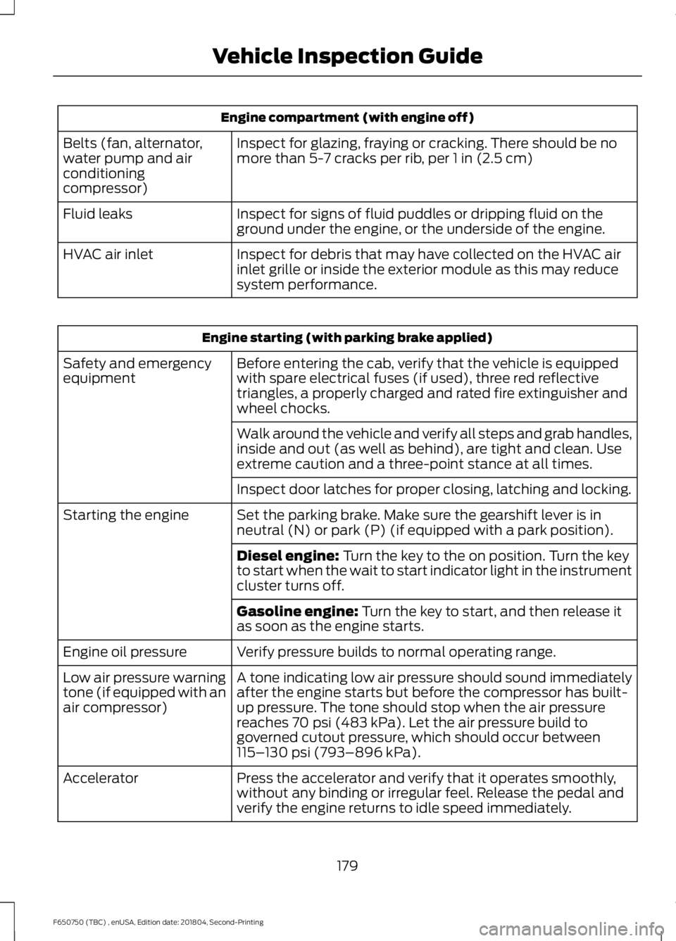 FORD F650/750 2019  Owners Manual Engine compartment (with engine off)
Inspect for glazing, fraying or cracking. There should be no
more than 5-7 cracks per rib, per 1 in (2.5 cm)
Belts (fan, alternator,
water pump and air
conditionin