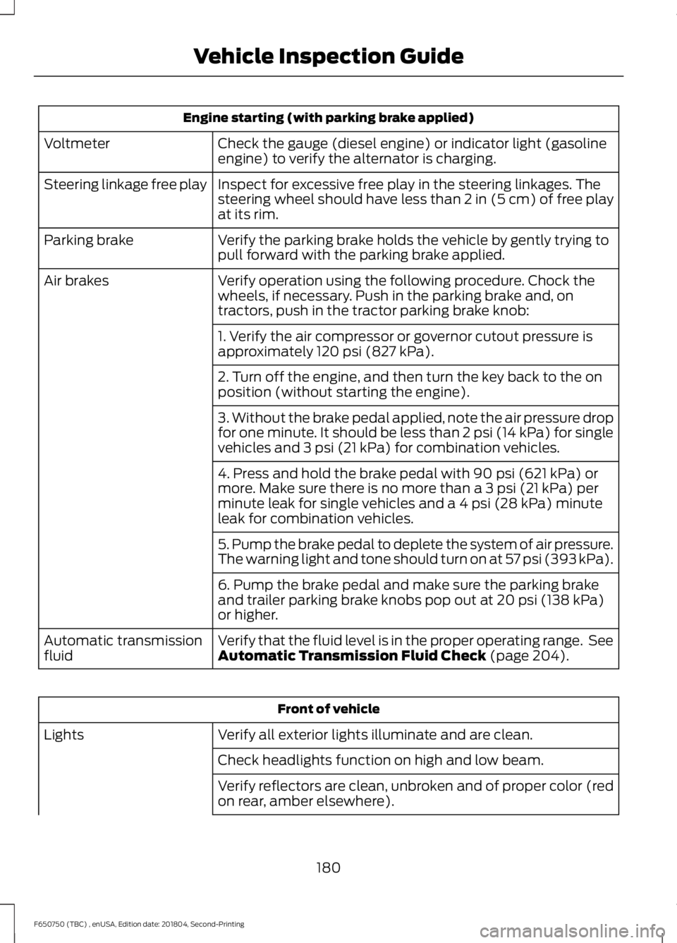 FORD F650/750 2019  Owners Manual Engine starting (with parking brake applied)
Check the gauge (diesel engine) or indicator light (gasoline
engine) to verify the alternator is charging.
Voltmeter
Inspect for excessive free play in the