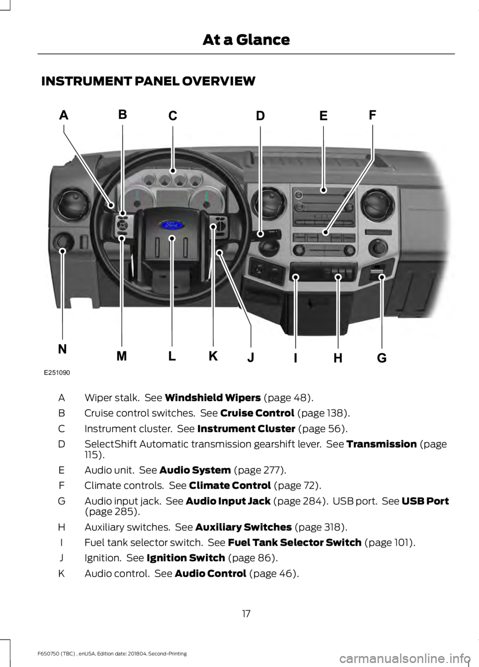 FORD F650/750 2019 User Guide INSTRUMENT PANEL OVERVIEW
Wiper stalk.  See Windshield Wipers (page 48).
A
Cruise control switches.  See 
Cruise Control (page 138).
B
Instrument cluster.  See 
Instrument Cluster (page 56).
C
SelectS