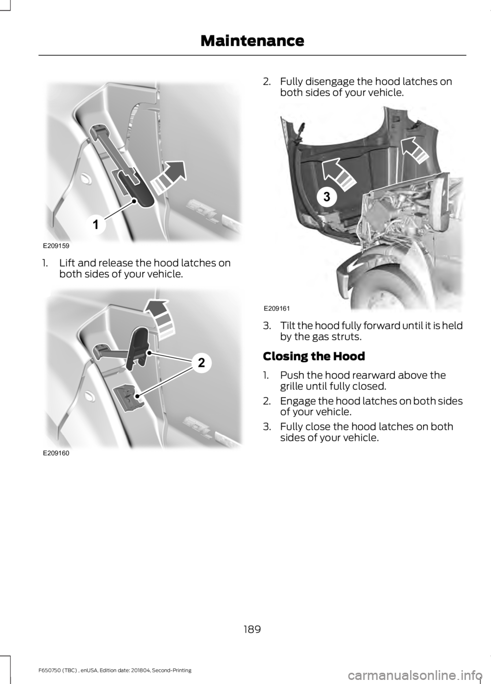 FORD F650/750 2019 Owners Manual 1. Lift and release the hood latches on
both sides of your vehicle. 2. Fully disengage the hood latches on
both sides of your vehicle. 3.
Tilt the hood fully forward until it is held
by the gas struts FORD F650/750 2019 Owners Manual 1. Lift and release the hood latches on
both sides of your vehicle. 2. Fully disengage the hood latches on
both sides of your vehicle. 3.
Tilt the hood fully forward until it is held
by the gas struts