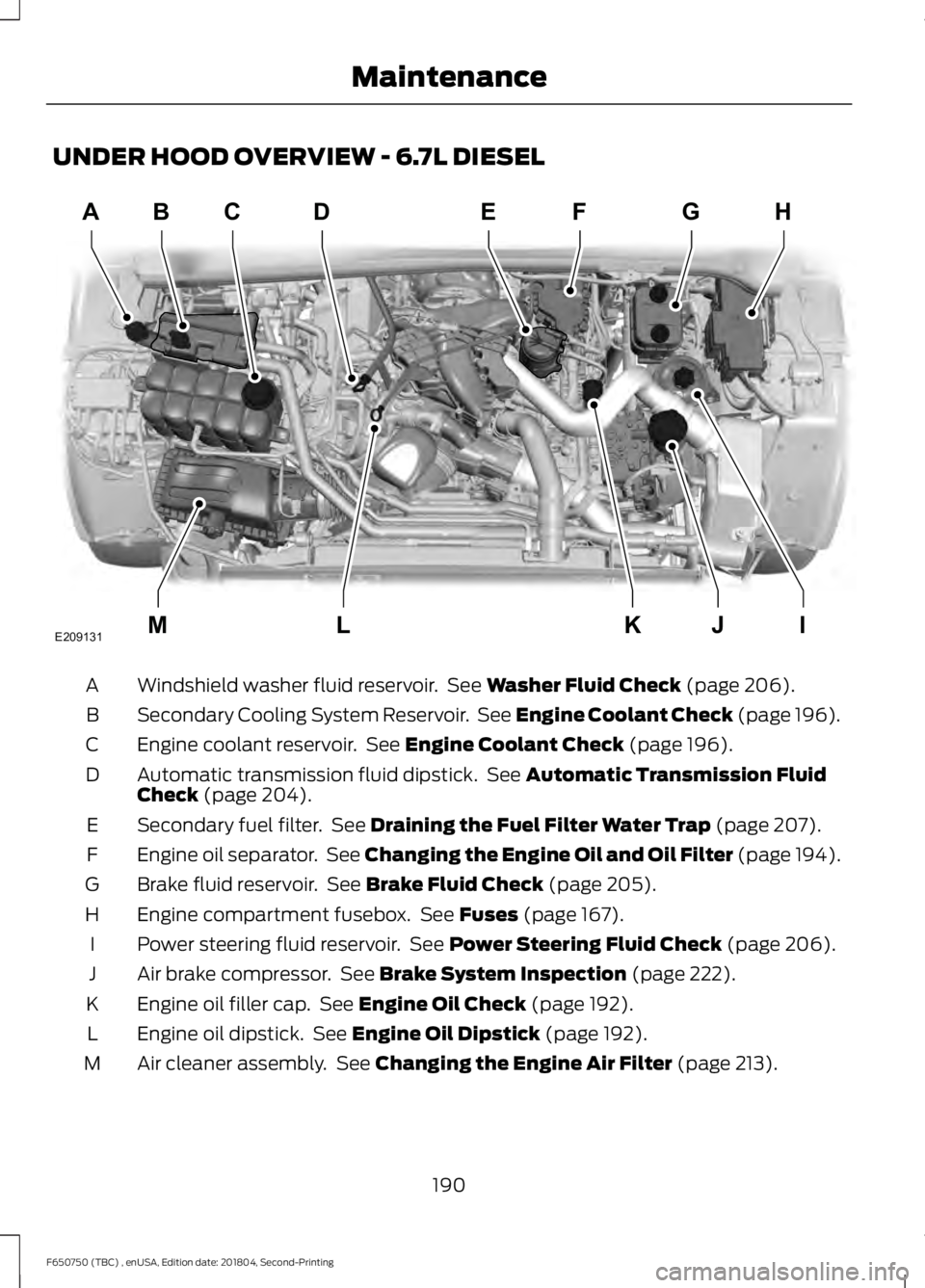 FORD F650/750 2019  Owners Manual UNDER HOOD OVERVIEW - 6.7L DIESEL
Windshield washer fluid reservoir.  See Washer Fluid Check (page 206).
A
Secondary Cooling System Reservoir.  See Engine Coolant Check (page 196).
B
Engine coolant re