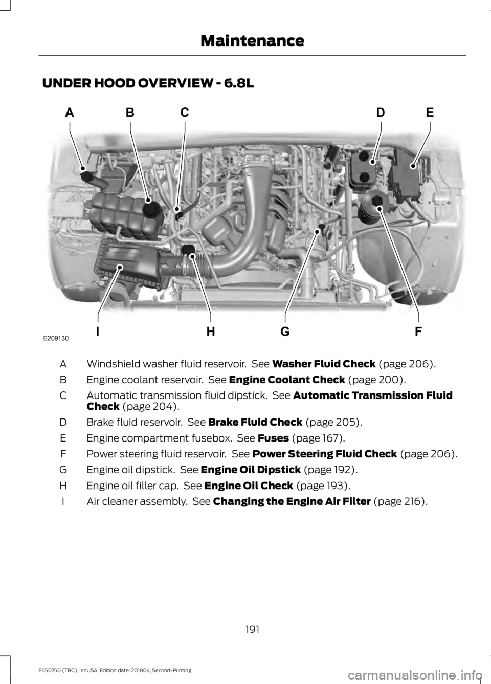 FORD F650/750 2019  Owners Manual UNDER HOOD OVERVIEW - 6.8L
Windshield washer fluid reservoir.  See Washer Fluid Check (page 206).
A
Engine coolant reservoir.  See 
Engine Coolant Check (page 200).
B
Automatic transmission fluid dips