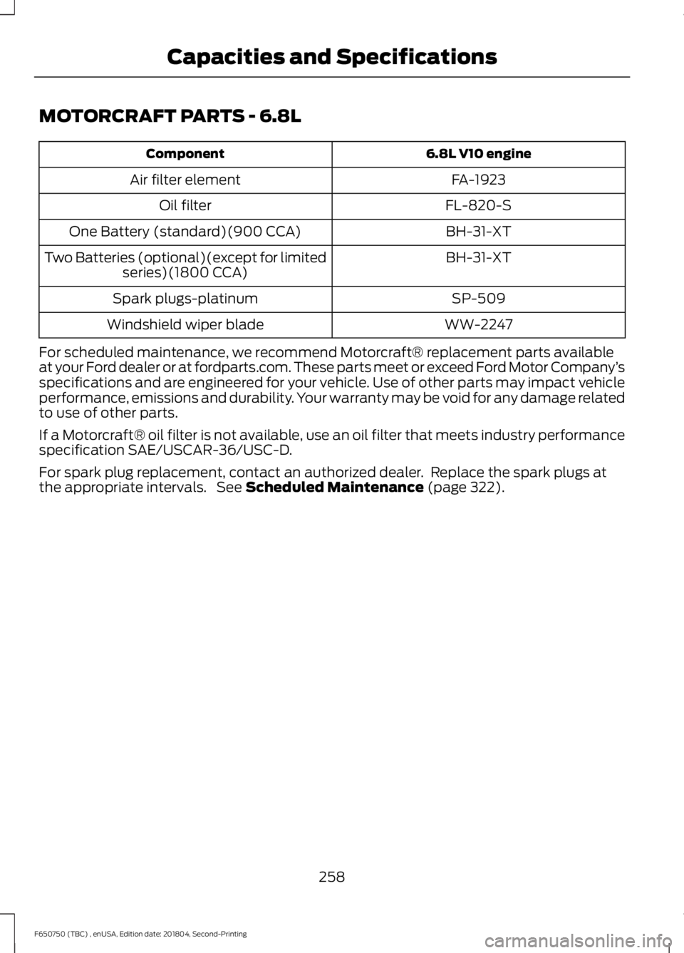 FORD F650/750 2019  Owners Manual MOTORCRAFT PARTS - 6.8L
6.8L V10 engine
Component
FA-1923
Air filter element
FL-820-S
Oil filter
BH-31-XT
One Battery (standard)(900 CCA)
BH-31-XT
Two Batteries (optional)(except for limited
series)(1
