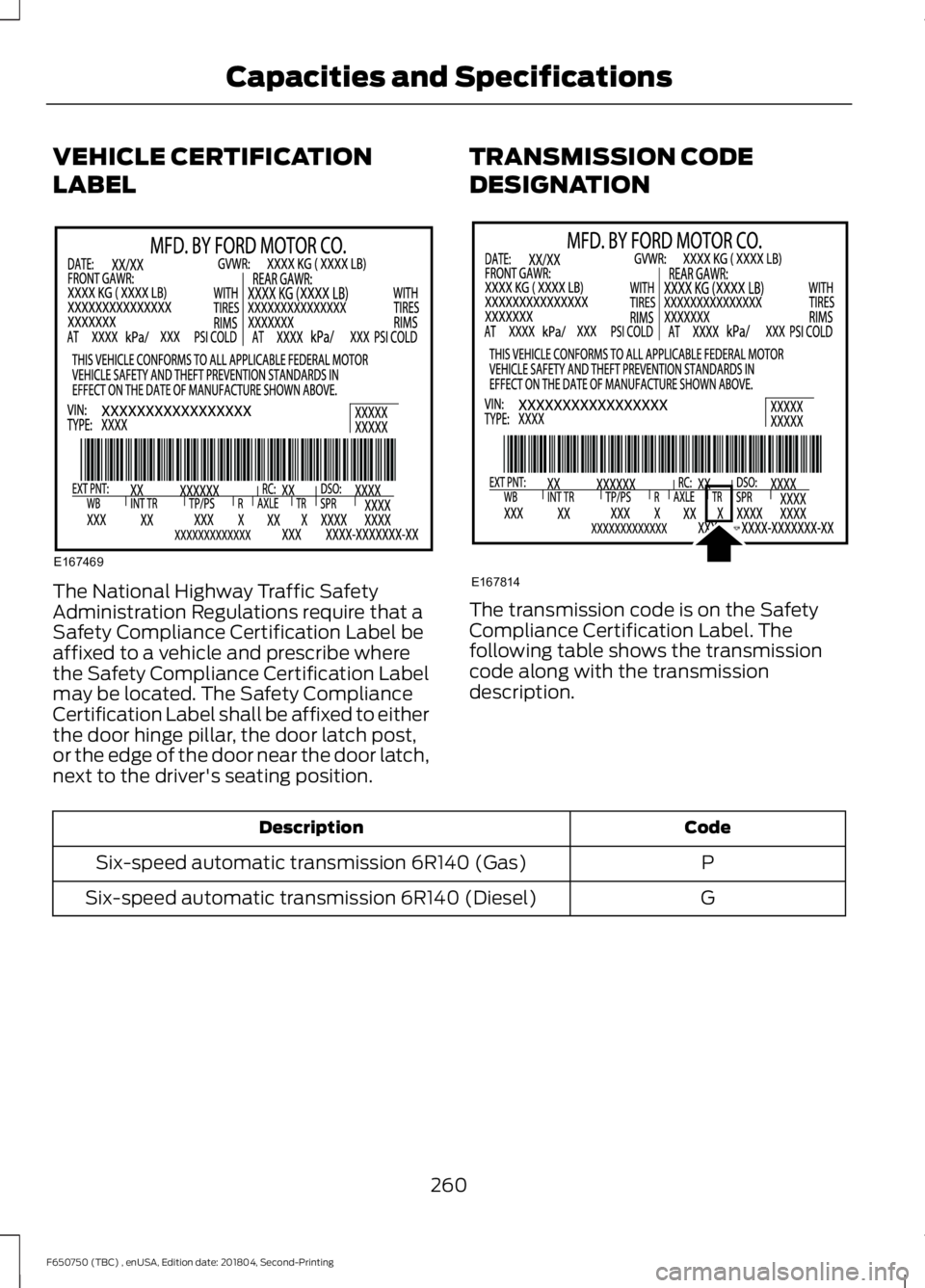 FORD F650/750 2019  Owners Manual VEHICLE CERTIFICATION
LABEL
The National Highway Traffic Safety
Administration Regulations require that a
Safety Compliance Certification Label be
affixed to a vehicle and prescribe where
the Safety C