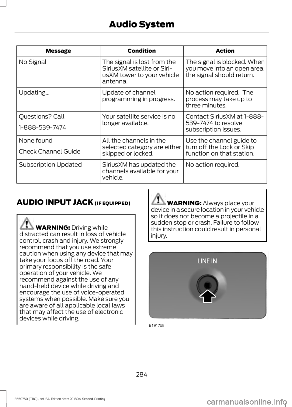 FORD F650/750 2019  Owners Manual Action
Condition
Message
The signal is blocked. When
you move into an open area,
the signal should return.
The signal is lost from the
SiriusXM satellite or Siri-
usXM tower to your vehicle
antenna.
N