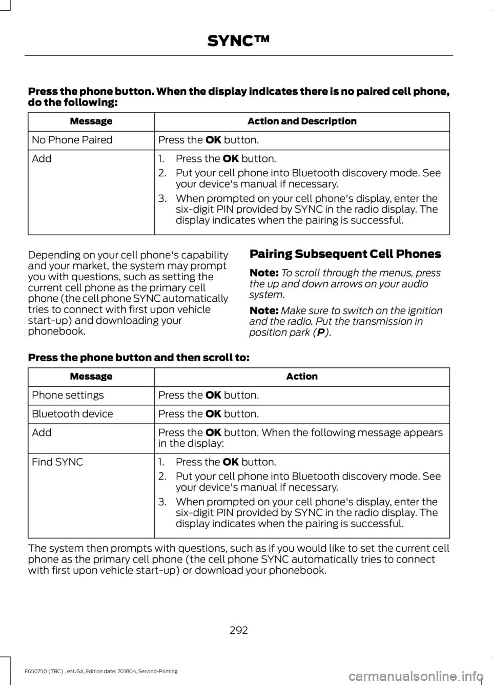 FORD F650/750 2019  Owners Manual Press the phone button. When the display indicates there is no paired cell phone,
do the following:
Action and Description
Message
Press the OK button.
No Phone Paired
Add 1. Press the 
OK button.
2. 