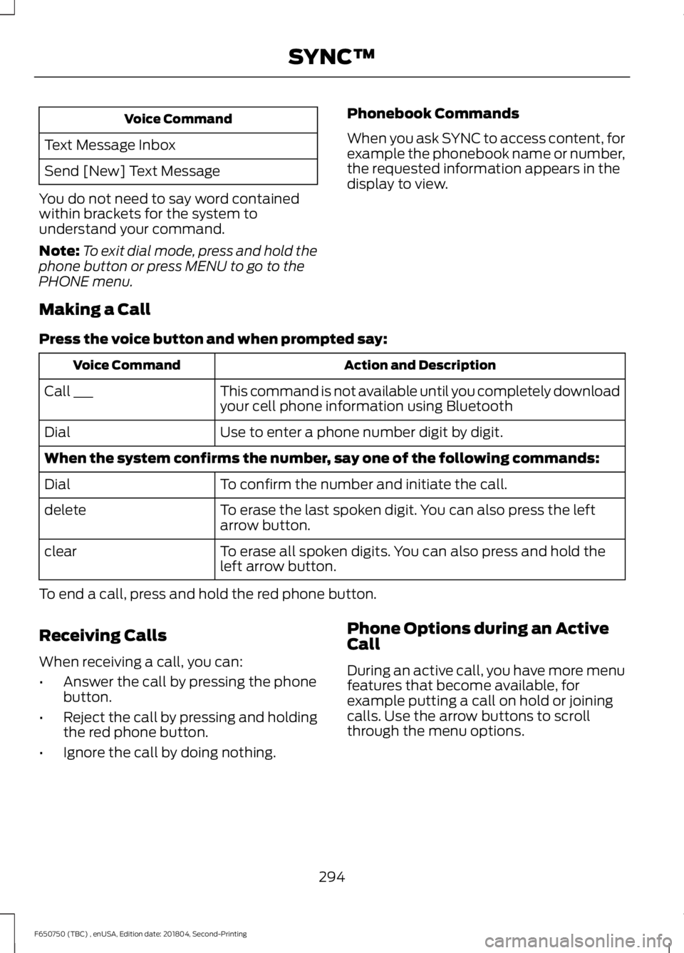 FORD F650/750 2019  Owners Manual Voice Command
Text Message Inbox
Send [New] Text Message
You do not need to say word contained
within brackets for the system to
understand your command.
Note: To exit dial mode, press and hold the
ph