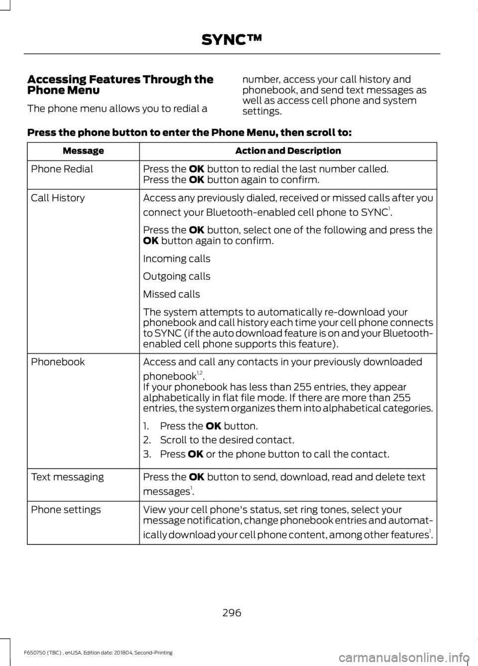 FORD F650/750 2019  Owners Manual Accessing Features Through the
Phone Menu
The phone menu allows you to redial a
number, access your call history and
phonebook, and send text messages as
well as access cell phone and system
settings.
