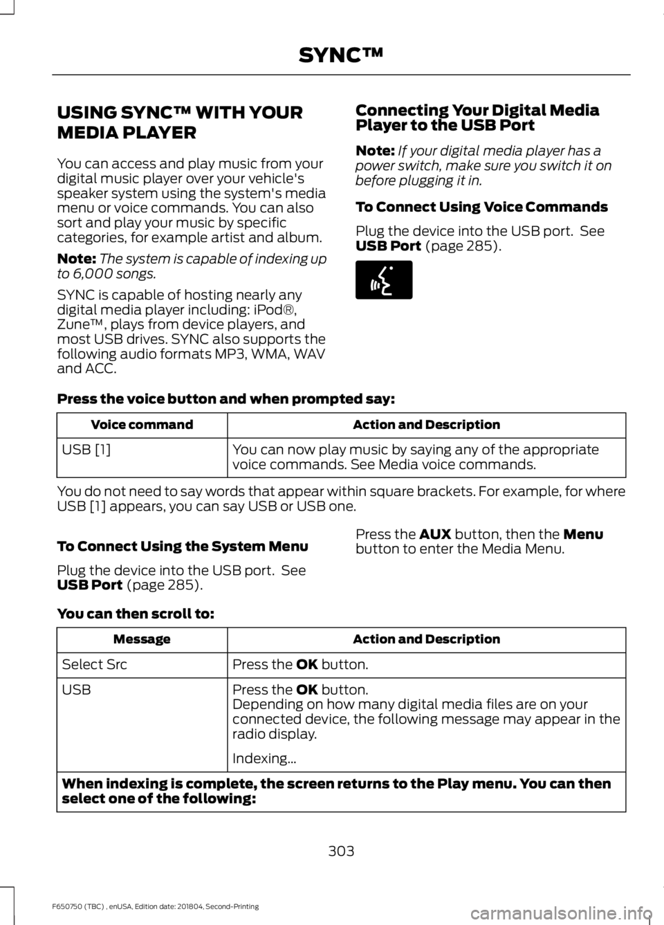 FORD F650/750 2019 Owners Manual USING SYNC™ WITH YOUR
MEDIA PLAYER
You can access and play music from your
digital music player over your vehicle's
speaker system using the system's media
menu or voice commands. You can al FORD F650/750 2019 Owners Manual USING SYNC™ WITH YOUR
MEDIA PLAYER
You can access and play music from your
digital music player over your vehicle's
speaker system using the system's media
menu or voice commands. You can al