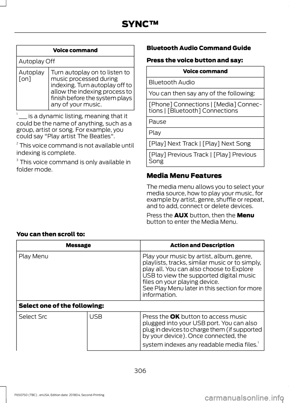 FORD F650/750 2019 Owners Manual Voice command
Autoplay Off Turn autoplay on to listen to
music processed during
indexing. Turn autoplay off to
allow the indexing process to
finish before the system plays
any of your music.
Autoplay
FORD F650/750 2019 Owners Manual Voice command
Autoplay Off Turn autoplay on to listen to
music processed during
indexing. Turn autoplay off to
allow the indexing process to
finish before the system plays
any of your music.
Autoplay