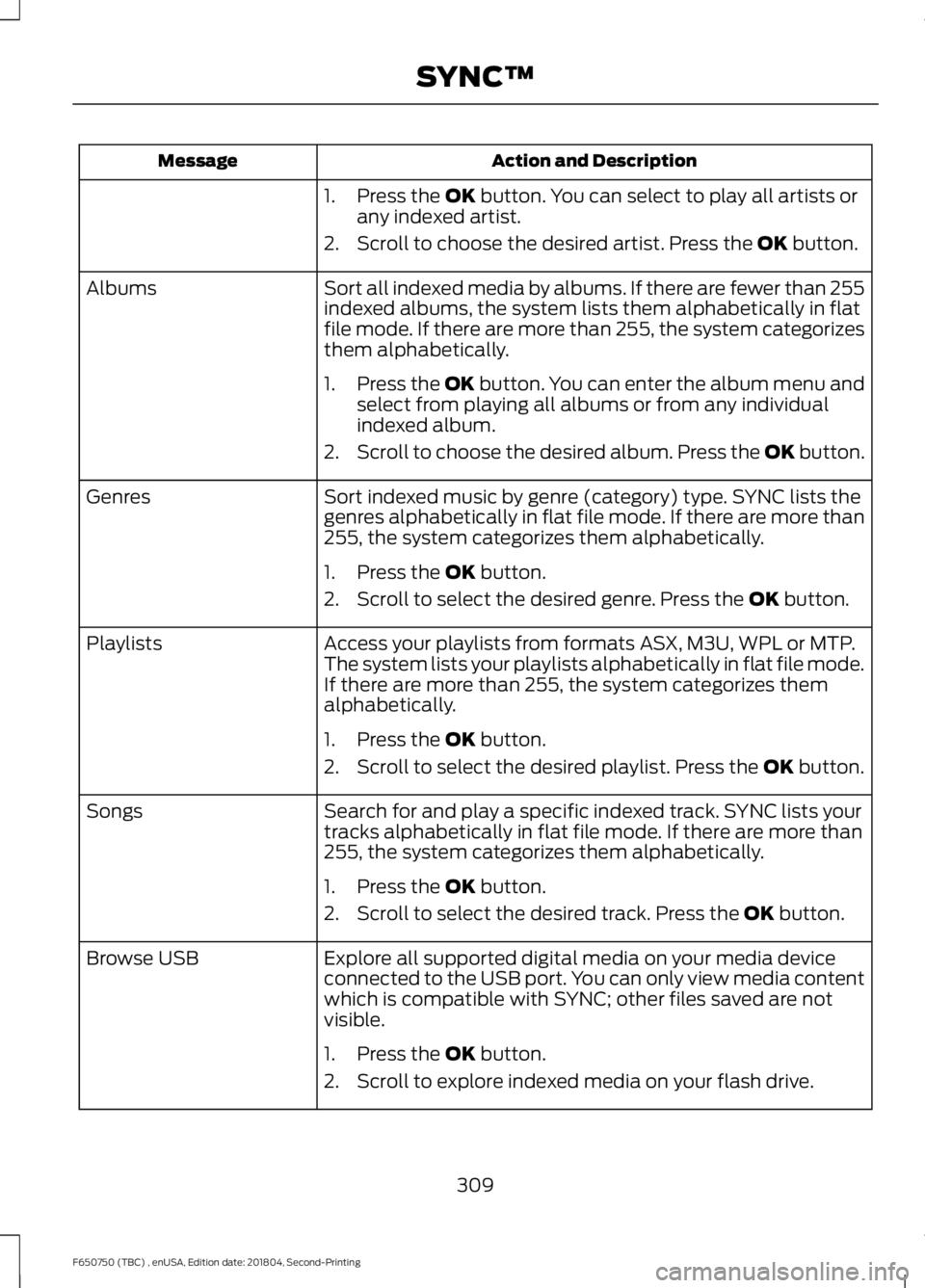 FORD F650/750 2019 Owners Manual Action and Description
Message
1. Press the OK button. You can select to play all artists or
any indexed artist.
2. Scroll to choose the desired artist. Press the
OK button.
Sort all indexed media by FORD F650/750 2019 Owners Manual Action and Description
Message
1. Press the OK button. You can select to play all artists or
any indexed artist.
2. Scroll to choose the desired artist. Press the
OK button.
Sort all indexed media by