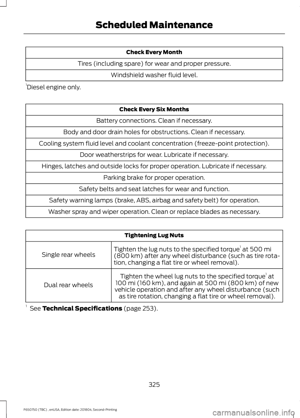 FORD F650/750 2019 Owners Manual Check Every Month
Tires (including spare) for wear and proper pressure. Windshield washer fluid level.
1 Diesel engine only. Check Every Six Months
Battery connections. Clean if necessary.
Body and do FORD F650/750 2019 Owners Manual Check Every Month
Tires (including spare) for wear and proper pressure. Windshield washer fluid level.
1 Diesel engine only. Check Every Six Months
Battery connections. Clean if necessary.
Body and do