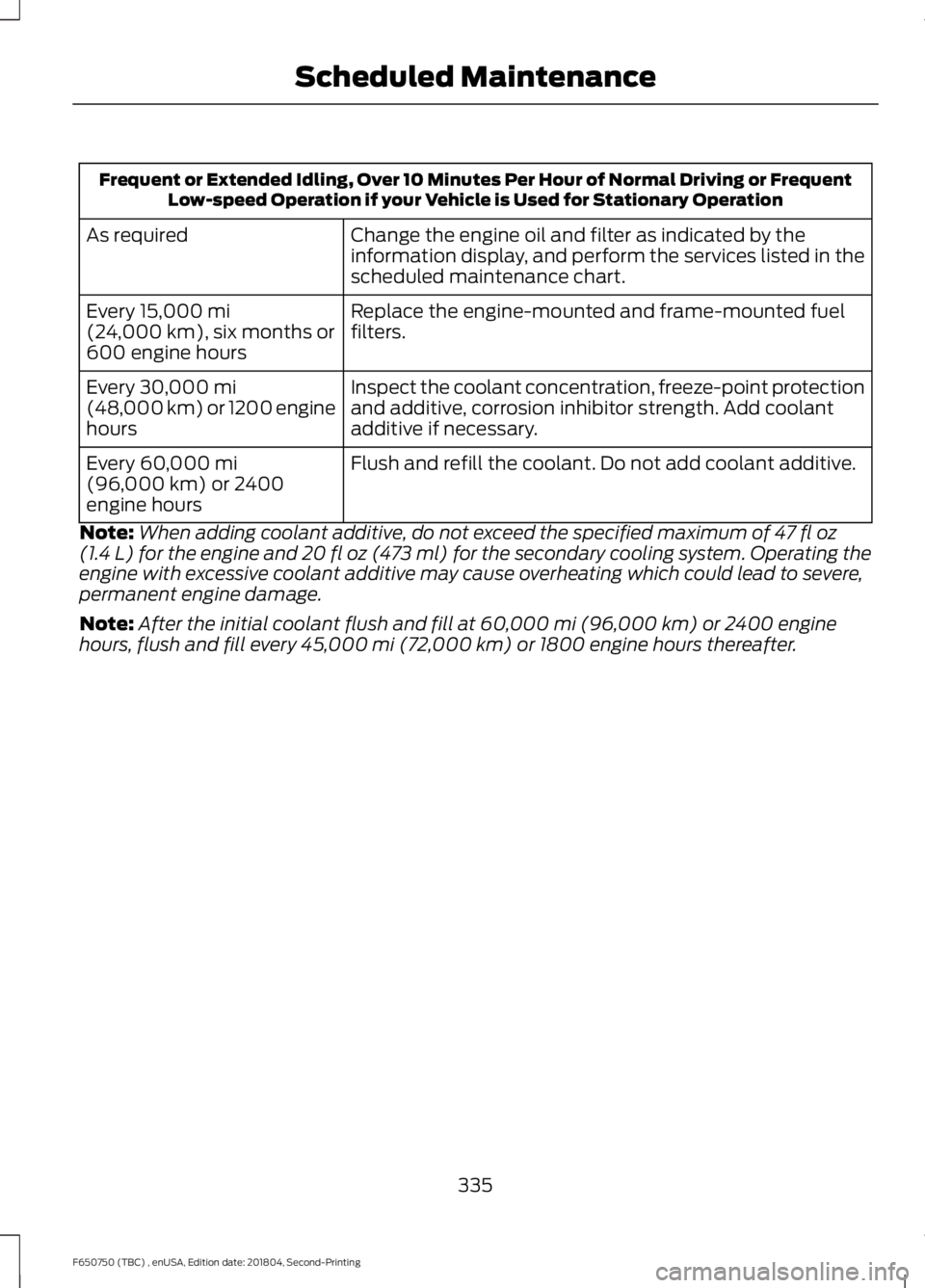 FORD F650/750 2019 Owners Manual Frequent or Extended Idling, Over 10 Minutes Per Hour of Normal Driving or Frequent
Low-speed Operation if your Vehicle is Used for Stationary Operation
Change the engine oil and filter as indicated b FORD F650/750 2019 Owners Manual Frequent or Extended Idling, Over 10 Minutes Per Hour of Normal Driving or Frequent
Low-speed Operation if your Vehicle is Used for Stationary Operation
Change the engine oil and filter as indicated b