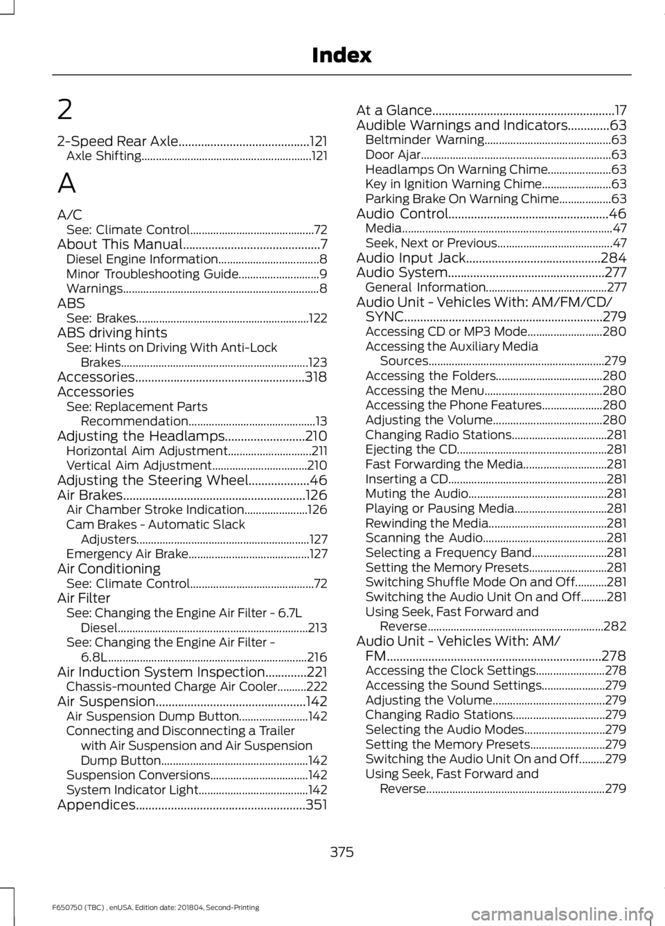 FORD F650/750 2019 Owners Manual 2
2-Speed Rear Axle.........................................121
Axle Shifting........................................................... 121
A
A/C See: Climate Control................................. FORD F650/750 2019 Owners Manual 2
2-Speed Rear Axle.........................................121
Axle Shifting........................................................... 121
A
A/C See: Climate Control.................................