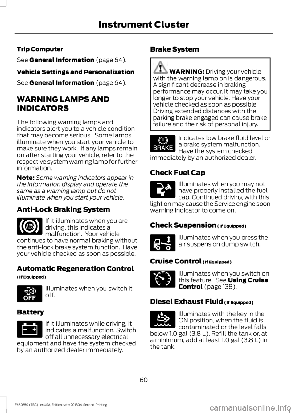 FORD F650/750 2019  Owners Manual Trip Computer
See General Information (page 64).
Vehicle Settings and Personalization
See 
General Information (page 64).
WARNING LAMPS AND
INDICATORS
The following warning lamps and
indicators alert 