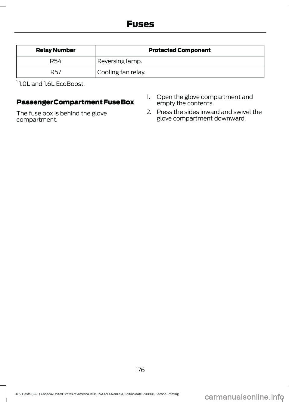 FORD FIESTA 2019 Owners Manual Protected Component
Relay Number
Reversing lamp.
R54
Cooling fan relay.
R57
1 1.0L and 1.6L EcoBoost.
Passenger Compartment Fuse Box
The fuse box is behind the glove
compartment. 1. Open the glove co FORD FIESTA 2019 Owners Manual Protected Component
Relay Number
Reversing lamp.
R54
Cooling fan relay.
R57
1 1.0L and 1.6L EcoBoost.
Passenger Compartment Fuse Box
The fuse box is behind the glove
compartment. 1. Open the glove co